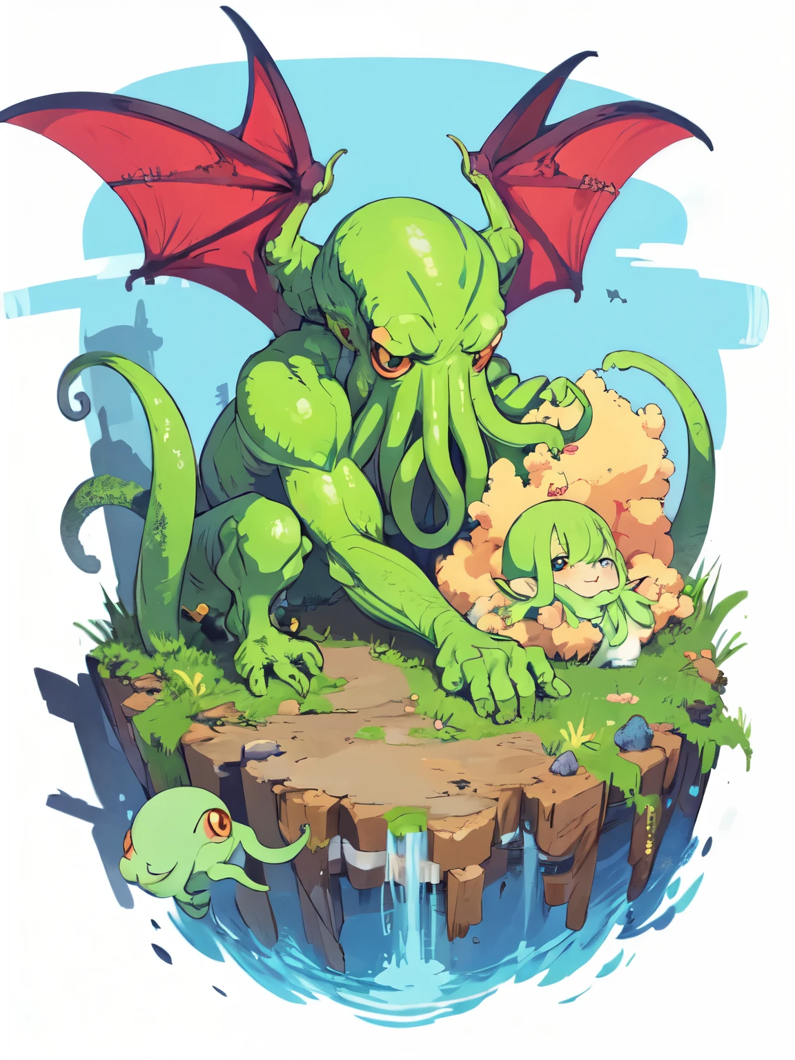 (Cthulhu), cute, comical, Round eyes, smile, Soft tentacles, Pastel colors, Small Wings, fun, For kids, Fantasy, soft, (Cute monster), Bright colors, Little