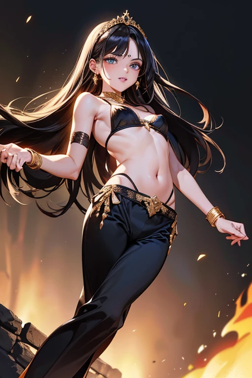 #Basics A girl is posing for a photo, animeのかわいい女の子, (((One Girl, Baby Face, ))),
BREAK
#Clothing Accessories
(A bikini bra with lots of gold embellishments on a black background + Bikini pants with lots of gold decoration on a black background + Elbow gloves with lots of gold detailing on a black background:1.4 + Knee-high stockings with shiny gold trim and edging:1.4 + black face veil:1.4 + Black Veil:1.4, Black high heels + Black revealing harem pants:1.4 + small silver tiara:1.4),
((gold fancy bracelet, Gold hoop earrings, Fancy Gold Necklace)),
BREAK
#Features
(Black Hair:1.4, Bangs that expose the forehead:1.4 + Decoration with red jewel on forehead, Chest-length sideburns, Very long back hair),
(Droopy eyes,blue eyes), (Small breasts),
BREAK
#expression
(smug face, Grin),
#background environment
((night, desert + oasis, bonfire)),
#composition
(Turning your body to the viewer:1.4, from below:1.4, dance, Cowboy Shot:1.4),
BREAK
#Body parts elements
(Beautiful Hair,Shiny Hair),
(double eyelid, Long eyelashes),
(Expression of fine eyes, Beautiful and delicate eyes, Sparkling eyes, Eye Reflexes),
(Human Ear),
(Beautiful Nose, Thin Nose),
(Glossy lips, Beautiful Lips, Thick lips), (Symmetrical facial features),
(Detailed skin, Textured skin, Beautiful Skin),
BREAK
#Quality
(((highest quality)), ((masterpiece)), ((Very detailed))), ((High resolution), (16k,1080p)),
(Realistic), (Anatomically correct),
((comics, anime)), (3DCG), CG illustration,