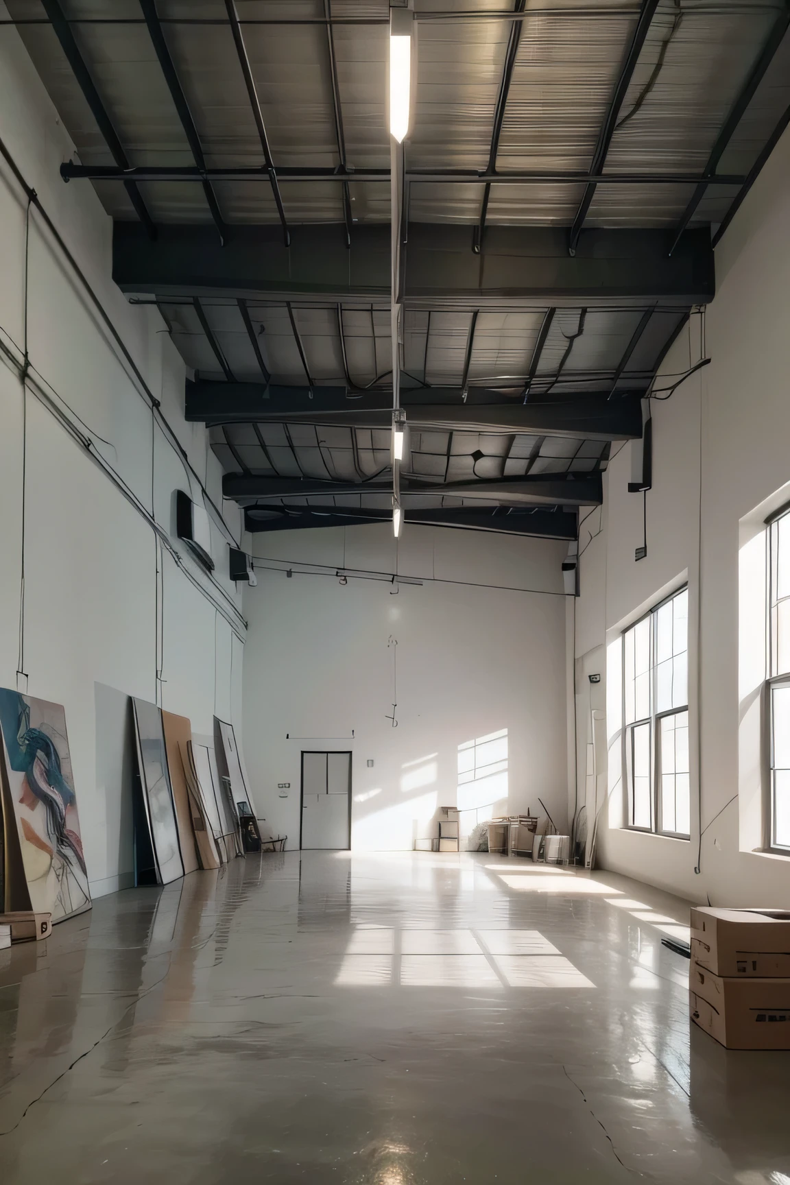 image of an art studio, grande e extenso, as if it were an industrial warehouse, tall white walls, ambiente sofisticado, materiais de pinturas e qquadros abstratos espalhados e encostados na parede