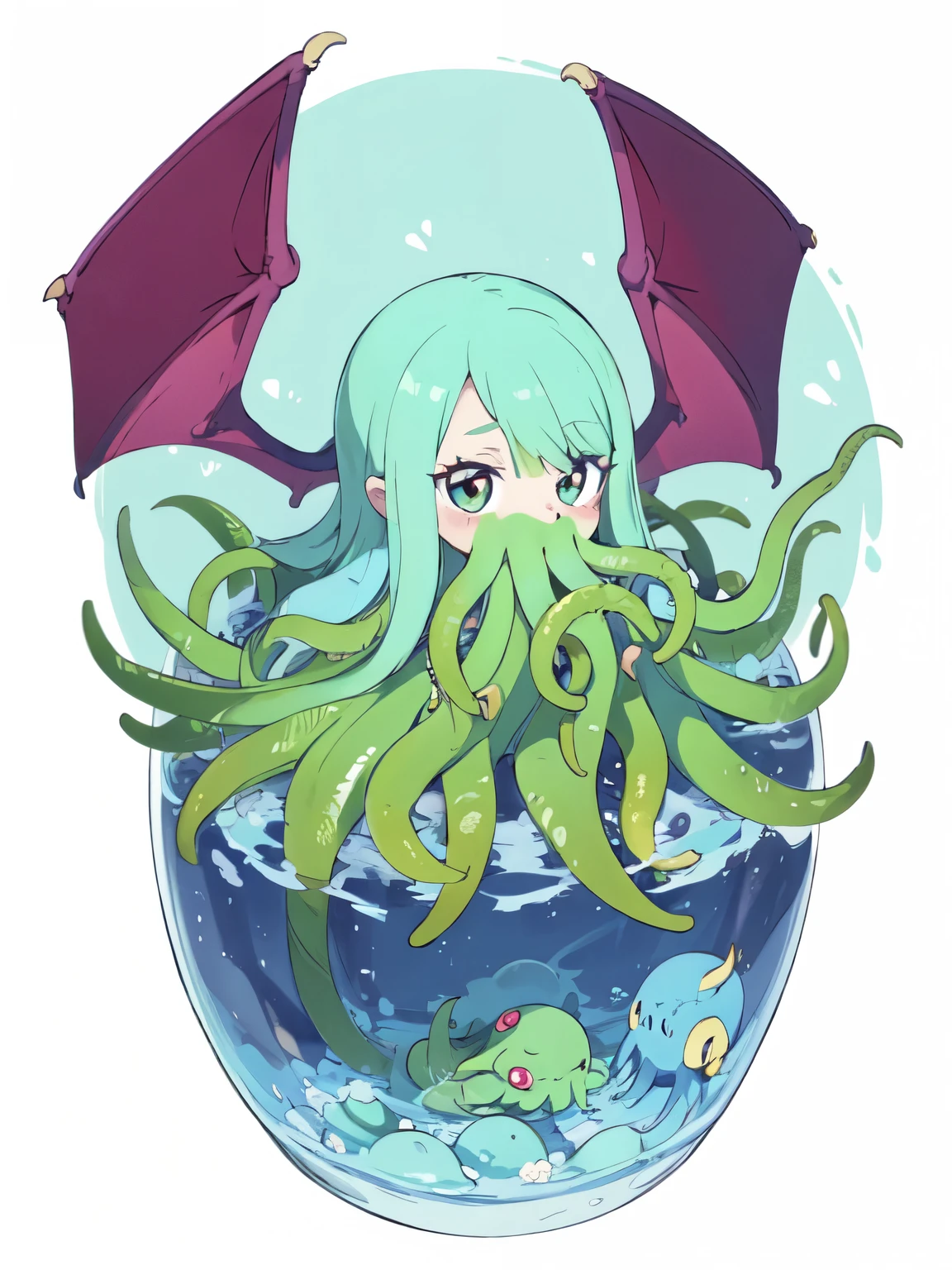 (Cthulhu), cute, comical, Round eyes, smile, Soft tentacles, Pastel colors, Small Wings, fun, For kids, Fantasy, soft, Cute monster, Bright colors