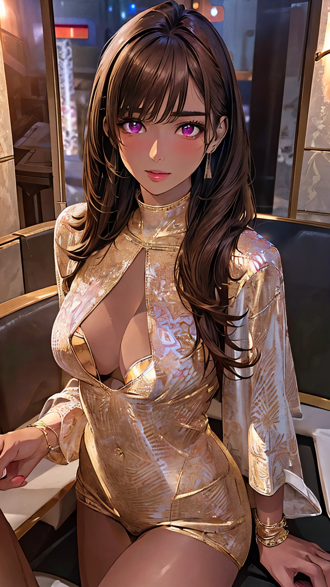 (masterpiece:1.3, top-quality, ultra high res, ultra detailed), (realistic, photorealistic:1.4), beautiful illustration, perfect lighting, natural lighting, (((golden lighting))), depth of fields, ,
beautiful detailed hair, beautiful detailed face, beautiful detailed eyes, beautiful clavicle, beautiful body, beautiful chest, beautiful thigh, beautiful legs, beautiful fingers, shiny skin, 
looking at viewer, 1 girl, (perfect anatomy, anatomically correct, super detailed skin), cute and symmetrical face, face, perfect face, perfect eyes, , 
(long hair, straight hair, brown hair), bangs, purple eyes, sharp eyes, long eye lasher, (large breasts, seductive thighs), (brown skin:1.5)
night dress, 
(beautiful scenery), evening, (sc1, scenery, night, lights, indoors, light, neon lights, couch, table,), large red velvet sofa, sexy beauty, drinking glass, (parted lips), 