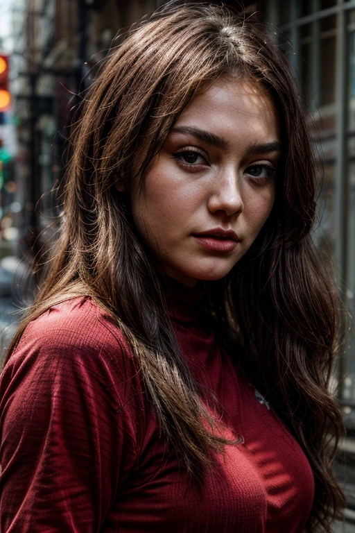 arafed woman with a red shirt, sasha grey, portrait sophie mudd, 18 years old, stunning closeupheadshot, madison beer girl portrait, violet myers, she looks like a mix of grimes, very pretty model, arian mark, 8k resolution, very detailed image, blue eyes, sunny day, winter photo, lens fllare, nikon, cinematic
