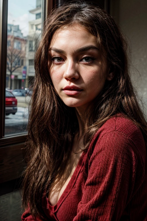 arafed woman with a red shirt, sasha grey, portrait sophie mudd, 18 years old, stunning closeupheadshot, madison beer girl portrait, violet myers, she looks like a mix of grimes, very pretty model, arian mark, 8k resolution, very detailed image, blue eyes, sunny day, winter photo, lens fllare, nikon, cinematic