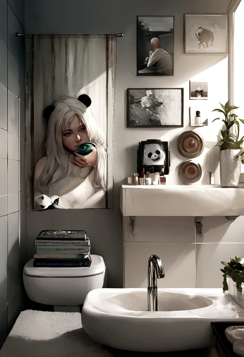 modern bathroom, Panda stone book competition on the wall, Too realistic, 8ก, Highly detailed, High quality