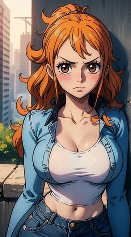2heads, a chubby woman with 2 heads. She has enormous breasts. She is wearing a zip-up hoodie. Her hoodie is unzipped. She is not wearing clothes beneath the hoodie. Her enormous breasts are exposed through the unzipped hoodie. She is wearing jeans. She has thick thighs. She has gigantic breasts. She is blushing. She is smiling. She looks seductive. Massive breasts. She has orange hair. She has freckles.