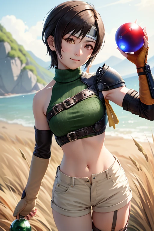 masterpiece, best quality, yuffie kisaragi, headband, green crop top, shoulder armor, armguard, fingerless gloves, tan shorts, single thighhigh, fishnets, upper body, looking at viewer, furrowed brow, smug smile, closed mouth, grass, bamboo, sky, holding up a small red crystal ball