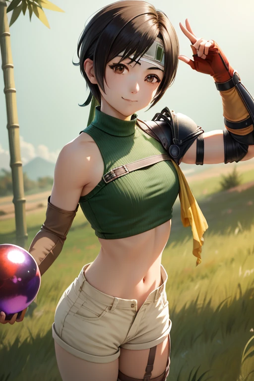 masterpiece, best quality, yuffie kisaragi, headband, green crop top, shoulder armor, armguard, fingerless gloves, tan shorts, single thighhigh, fishnets, upper body, looking at viewer, furrowed brow, smug smile, closed mouth, grass, bamboo, sky, holding up a small red crystal ball