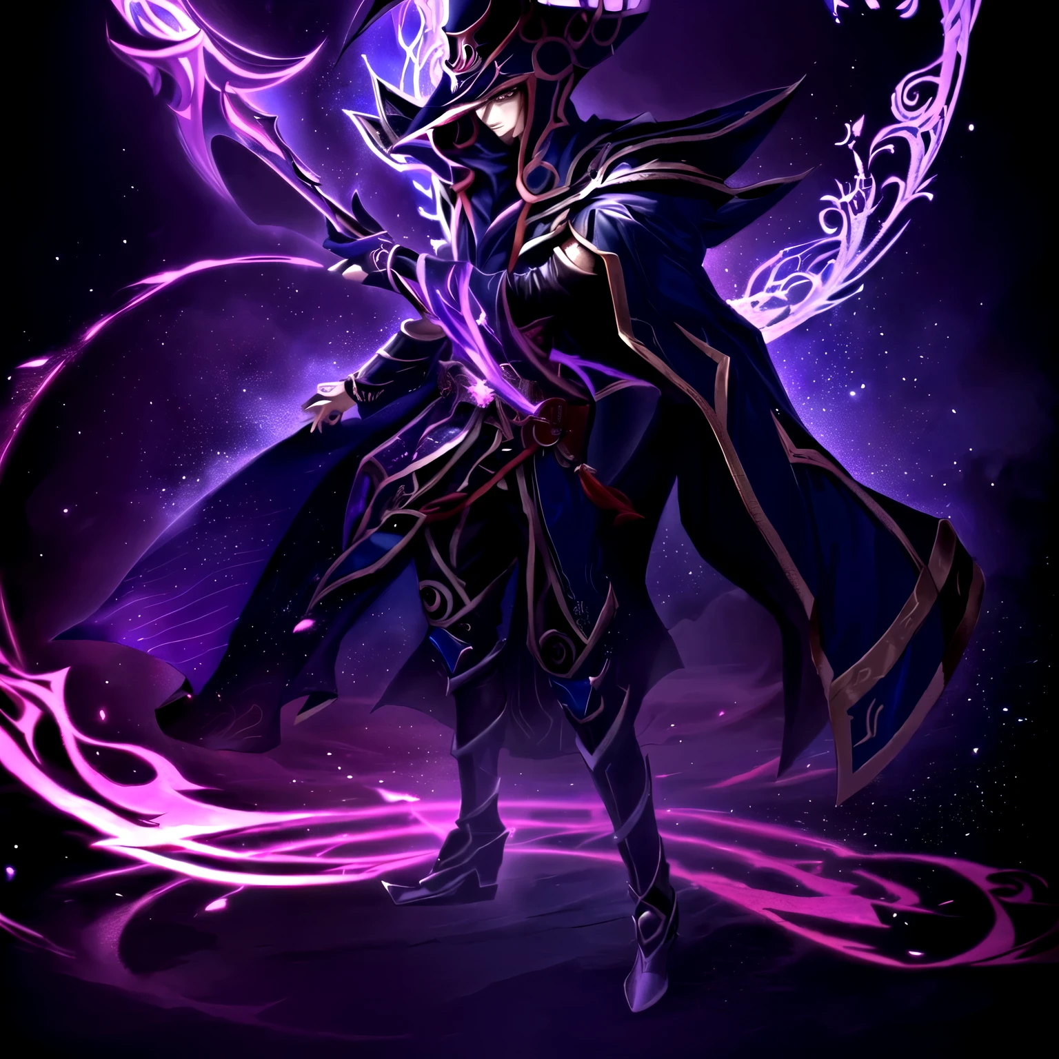 un primer plano de un personaje de dibujos animados con una espada y un fondo morado, inspirado en Yi Inmun, karthus de liga de leyendas, vista completa de la hechicera oscura, inspirado en Huang Shen, inspirado por Yi Insang, inspirado en Yi Jaegwan, Lich Demon Mage Class, yugioh art style, retrato completo de elementalista, un brujo todopoderoso