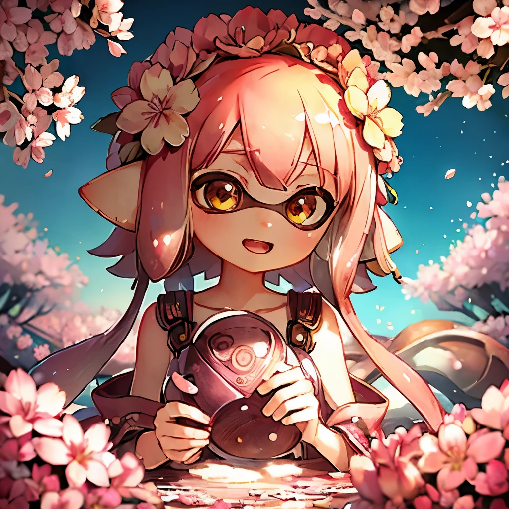 masterpiece、highest quality、High resolution、Real Anime、3D、background image、Flower Field、Flowers on one side、a lot of cherry blossom、SakuraFubuki、beautiful、beautiful、You can see far from the top of the hill、Ultra-wide angle、(((whole body)))、Splatoon Girl、Golden Eyes、Pink tentacle hair、Metallic shiny tentacle hair、Flower Hair Ornaments、Flower crown、Looking up at the cherry blossoms、Open Mouth Smile、blush、The flowers are scattered far and wide、