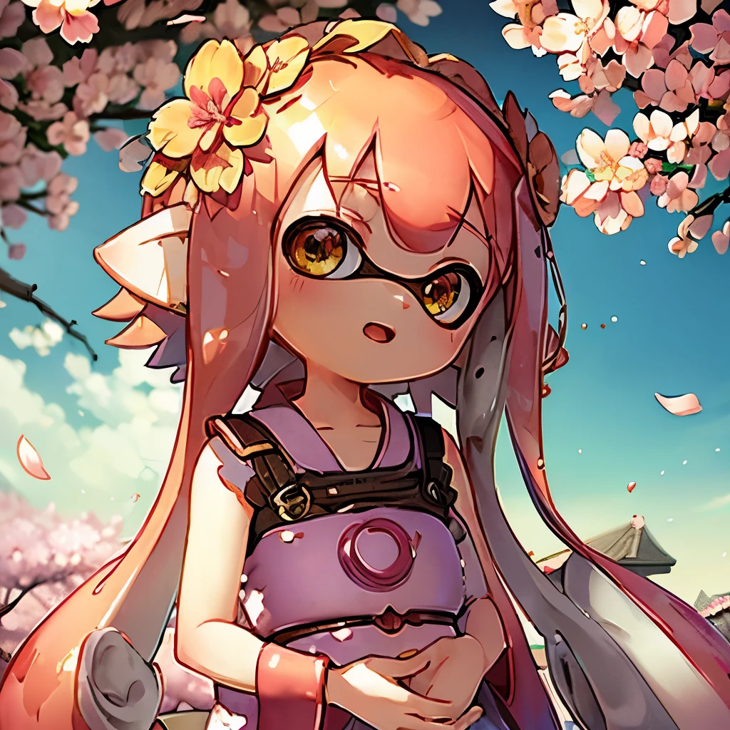 masterpiece、highest quality、High resolution、Real Anime、3D、background image、Flower Field、Flowers on one side、a lot of cherry blossom、SakuraFubuki、beautiful、beautiful、You can see far from the top of the hill、Ultra-wide angle、(((whole body)))、Splatoon Girl、Golden Eyes、Pink tentacle hair、Metallic shiny tentacle hair、Flower Hair Ornaments、Flower crown、Looking up at the cherry blossoms、Open Mouth Smile、blush、The flowers are scattered far and wide、