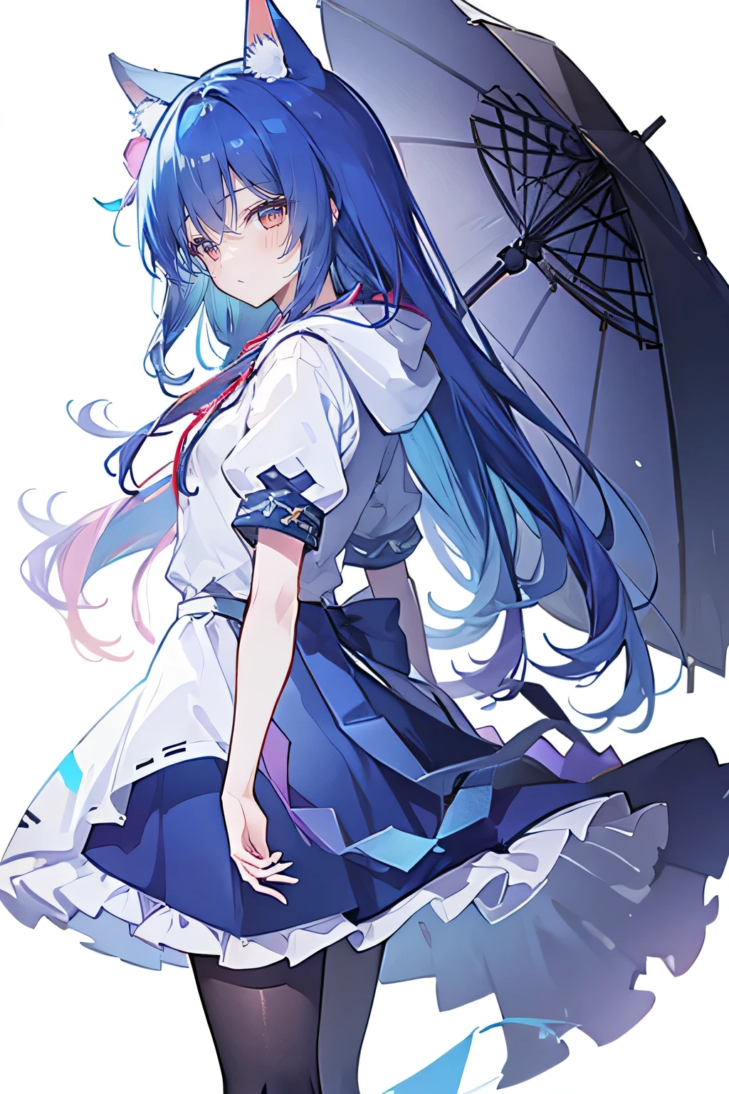 (masterpiece:1.2),Super detailed,lifelike,Expressive eyes,fair skin,perfect face shape,1 girl,
Japanese comics,Gorgeous blue hair,flowing blue hair,flowing clothes,Cat ears,Petals fall,beautiful lola,Baby Angel,
Shaking head with one hand,Cross your legs,Gentle and peaceful background,The pavilion is cool and comfortable,smile, wearing hoodie, background of tokyo,back views,snowing, winter,lie on the water,((masterpiece:1.4,最high quality)),(Super detailed),Official Art,Unity 8k Wallpaper,Super detailed,Beautiful appearance,high quality,Lovely,masterpiece,最high quality,(flat chest),Human body,a character portrait,Standing,White background,long suspender skirt,Yuri,(Black tights),There is a halo on the head,gun,Cyberpunk,future