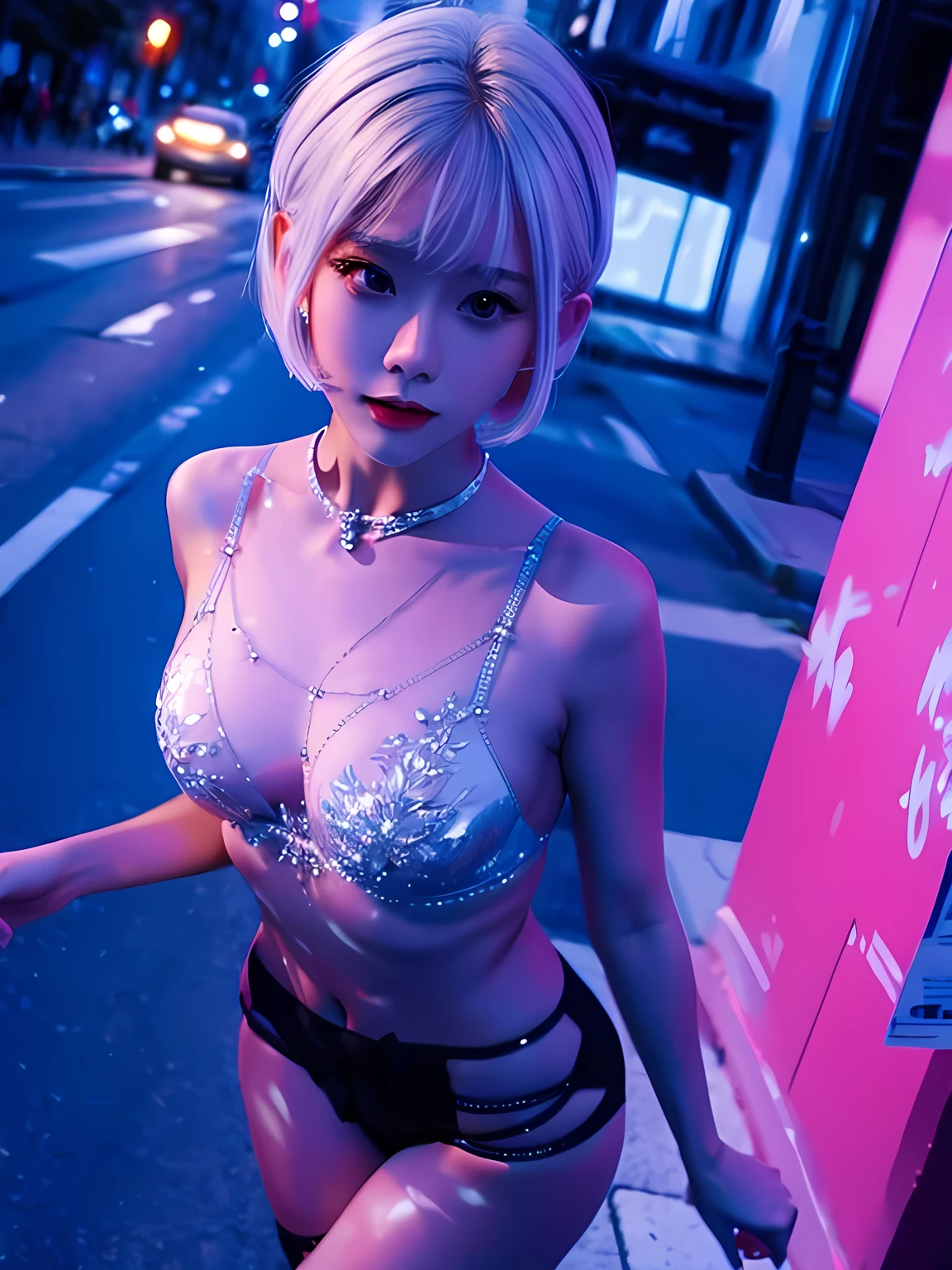 (masterpiece, best quality:1.2), diamond_bra,short hair,white hair,,walking,in street