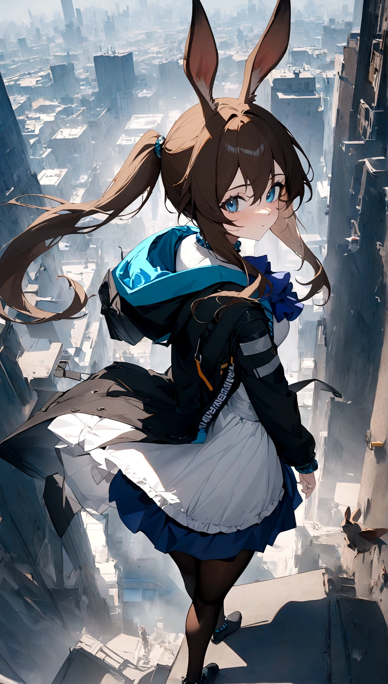 masterpiece, best quality, very aesthetic, absurdres, newest,,amiya_(arknights), animal ears, rabbit ears, blue eyes, brown hair, tight medium hair, half-up, long ponytail,black jacket, blue skirt, blue ascot, white dress shirt, fly front, tights,,in a city floating in sky,from behind
