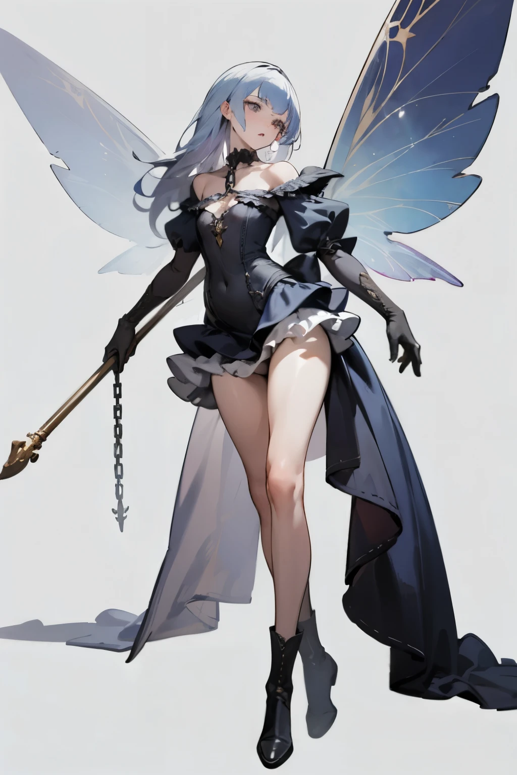 ((best quality)), ((masterpiece)), (detailed), 1girl, Character design, female, dynamic poses, long white grey hair, grey white eyes, very skinny, detailed, best quality, no accesoires around the neck, no shoes, prominent collarbones, skinny arms, flat stomach, visible hip bones, full body, blank white background, plain background, white background, red and white clothing, Bloodborne inspired, occult aesthetic, occult, detailed and intricate steampunk and detailed gothic, NSFW, Very dramatic and cinematic lighting, cosmic horror, grim-dark, side-lighting, perfect face, NSFW, Fluttering lace flared long knee length dress with frilly petticoats, knee length dress, pleated petticoats, petticoats gothic, complex lace boots, side-lighting, gothic ta aesthetic, wielding a mighty sword with mechanical components, mandalas, small breasts, a fairy, various different types of insect wings, NSFW, full body, whole body, body, plain background, white background, blank background, no background, white background NSFW, chains, full body, whole body, head-to-toe NSFW