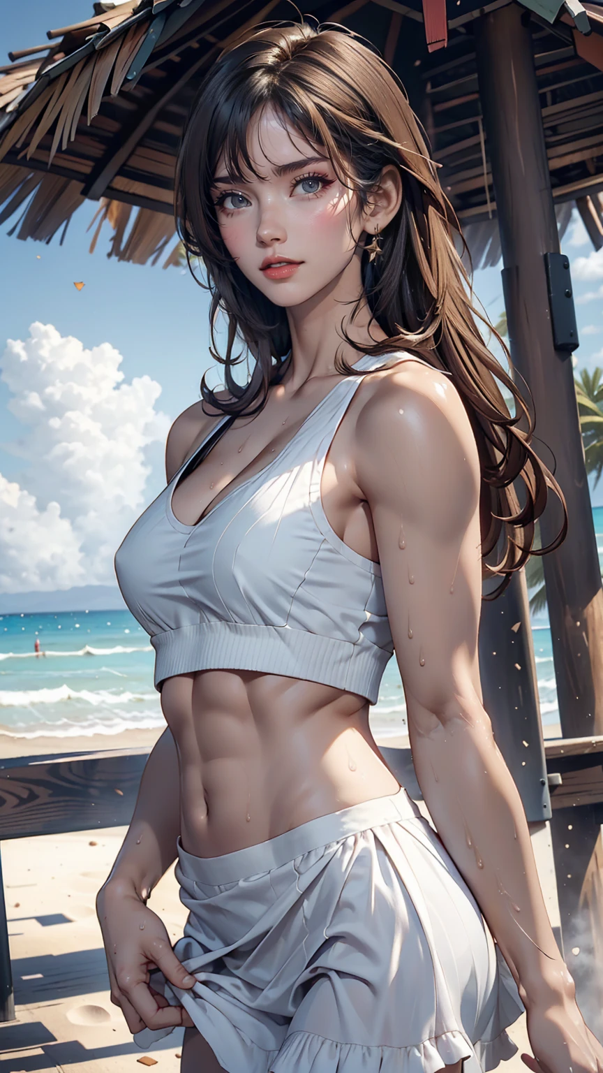 Hawaiian Wakiki Beach, Sleeveless dress, ((highest quality, 8k, masterpiece: 1.3))), Clear focus: 1.2, (Layered Cut, big: 1.2), Perfect body beauty: 1.4, Slim Abs: 1.2, Wet body: 1.5, Highly detailed face and skin texture, double eyelid, Messy hairstyle, Plain makeup,Sexy proportions、Tight waist、smile