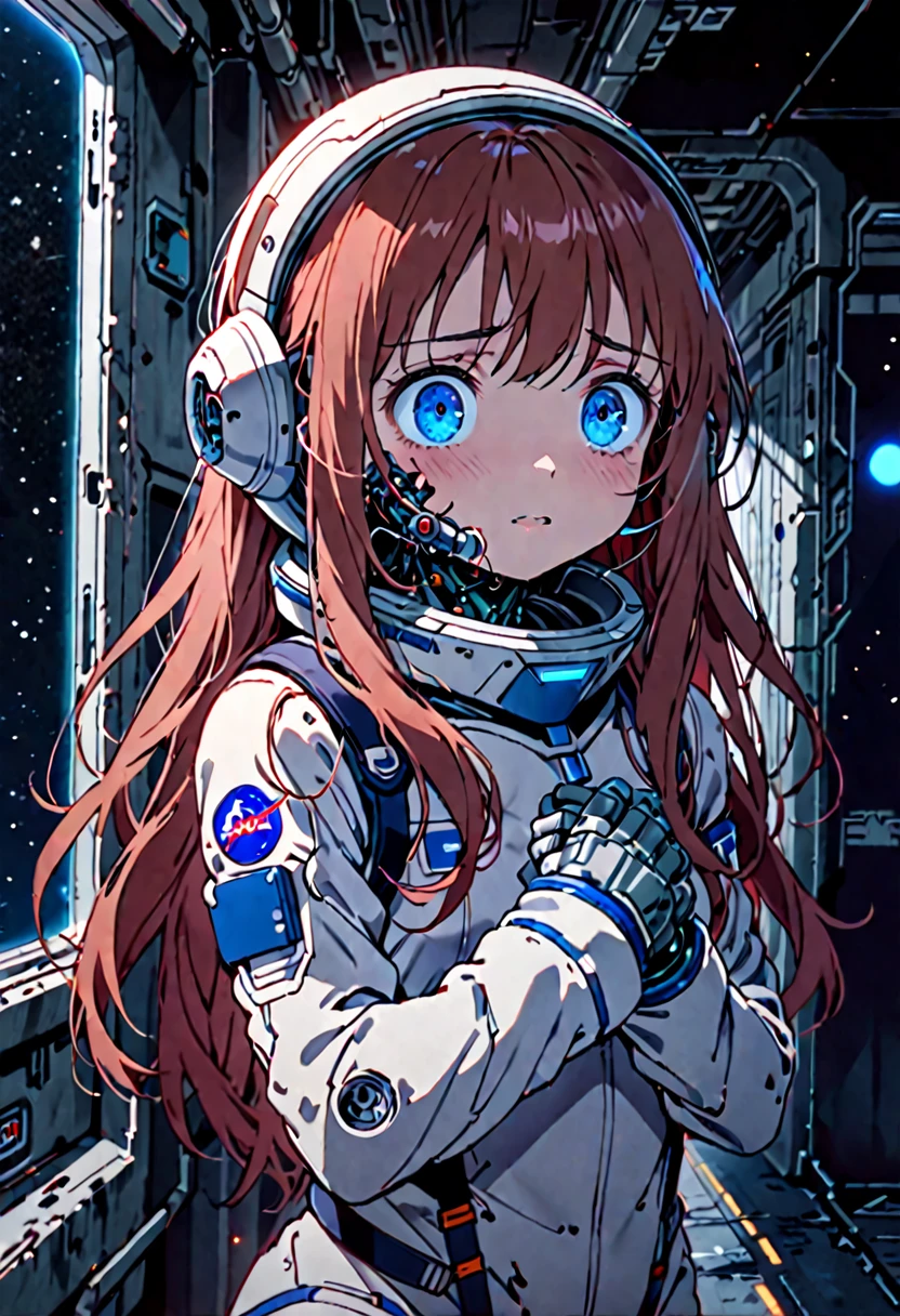 solo, female, sfw, abandoned spaceship, space landscape, dark, scary atmosphere, long hair, blue eyes, cyborg limbs, small breasts, hallway, window, cute scared, teary eyes, bulky spacesuit, bulky equipment, worn, astronaut helmet, hands to chest in fear, looking around, close up, auburn hair beneath space helmet