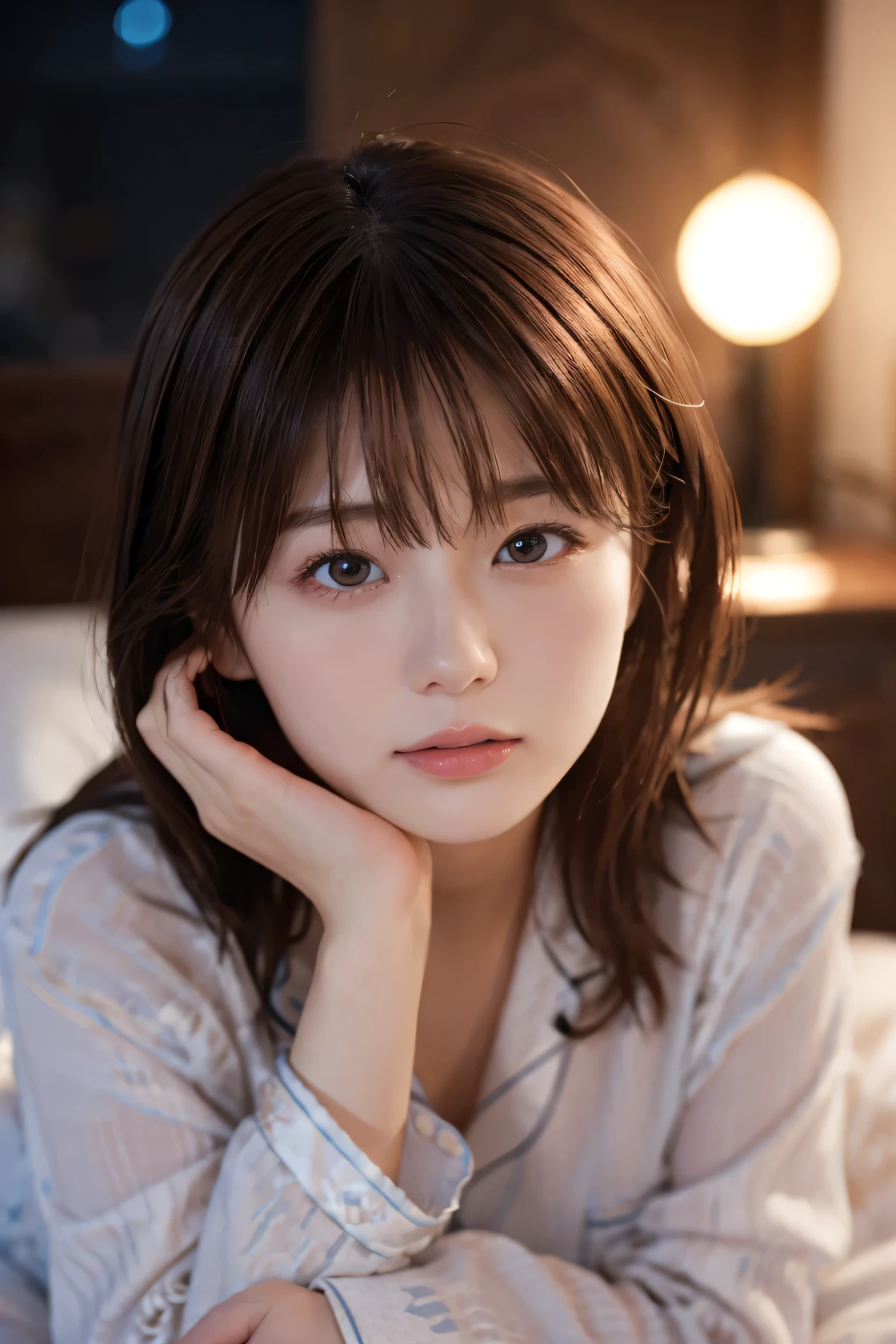 1 girl, (Wear pajamas:1.2), (RAW Photos, highest qualそれy), (Realistic, Realistic:1.4), Tabletop, Very delicate and beautiful, Very detailed, 2k wallpaper, wonderful, finely, Very detailed CG Unlimited 8K wallpaper, Very detailed, High resolution, Soft Light, Beautiful detailed girl, Very detailed目と顔, Beautiful and sophisticated nose, Finely beautiful eyes, Cinema Lighting, Illuminations それ light up the cそれy on a snowy night,  Perfect Anatomy, Slender body, Was nervous, 
Straight semi-long hair, bangs, Looking at the audience, Lying in bed、Close your eyes、A face waiting for a kiss