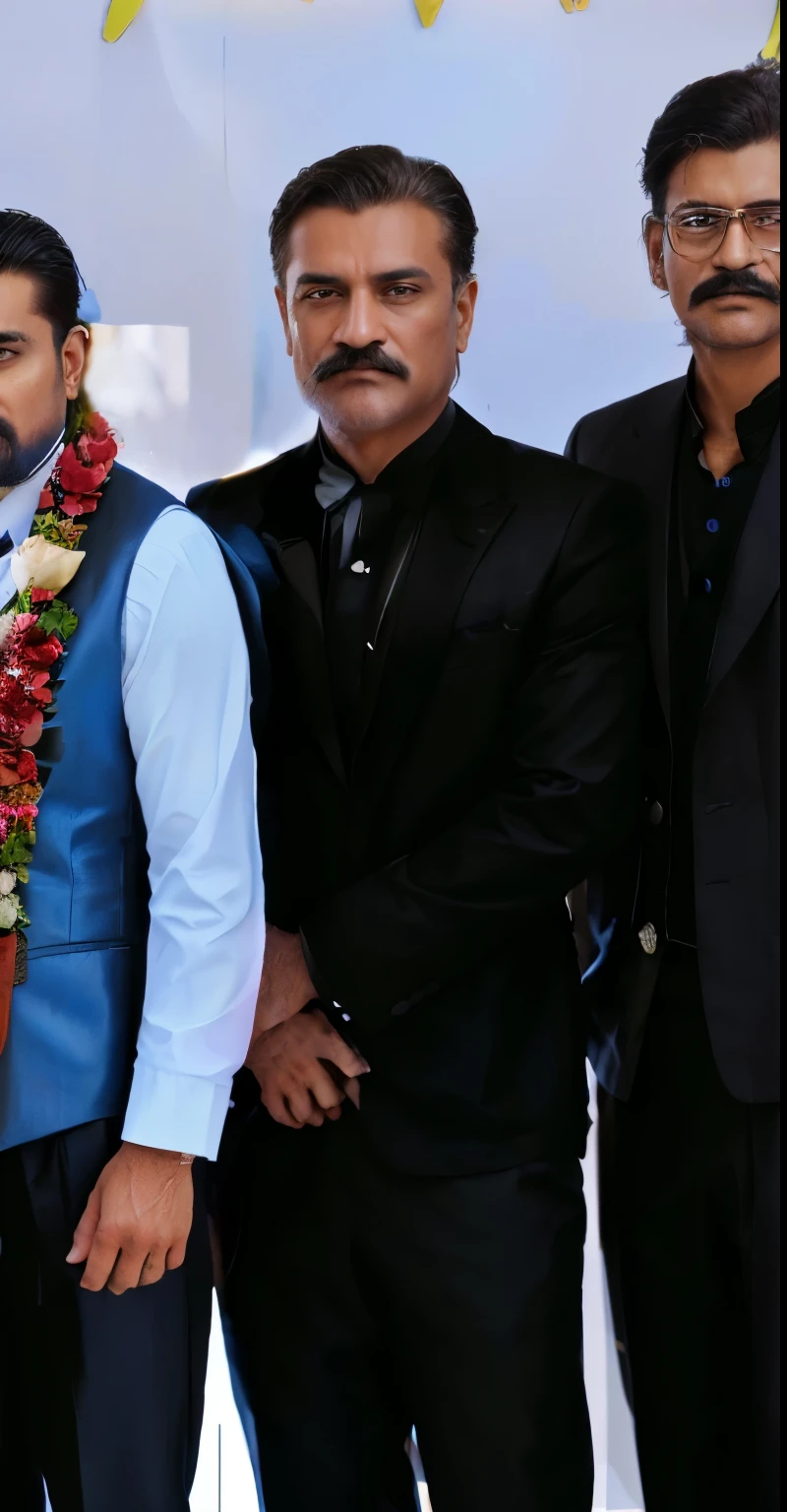there are three men standing next to each other in front of a poster, groom, ultra detail. digital painting, slightly pixelated, digitally painted, dressed in a jodhpuri suit, edited, cinematic detail, very details, fan art, fanart, edited in photoshop, full body close-up shot, with mustache, accurate depiction, candid picture, an ultra realistic
