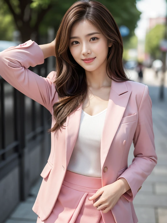 Full body ,(Raw Photo), (Photorealsitic), (Masterpiece), (Best Quality), High Resolution, 8K, (Intricate Details), (Voluminous Light), Female, 25 Years Old, Medium Hair, Straight Hair, medium breasts, layered hair, brown hair, very fine eyes, source order, very fine eyebrows, very fine skin, very fine mouth, very fine nose, cute like an idol, happy smile, (thick lips), (looking at the viewer), (pink suit and tight skirt)