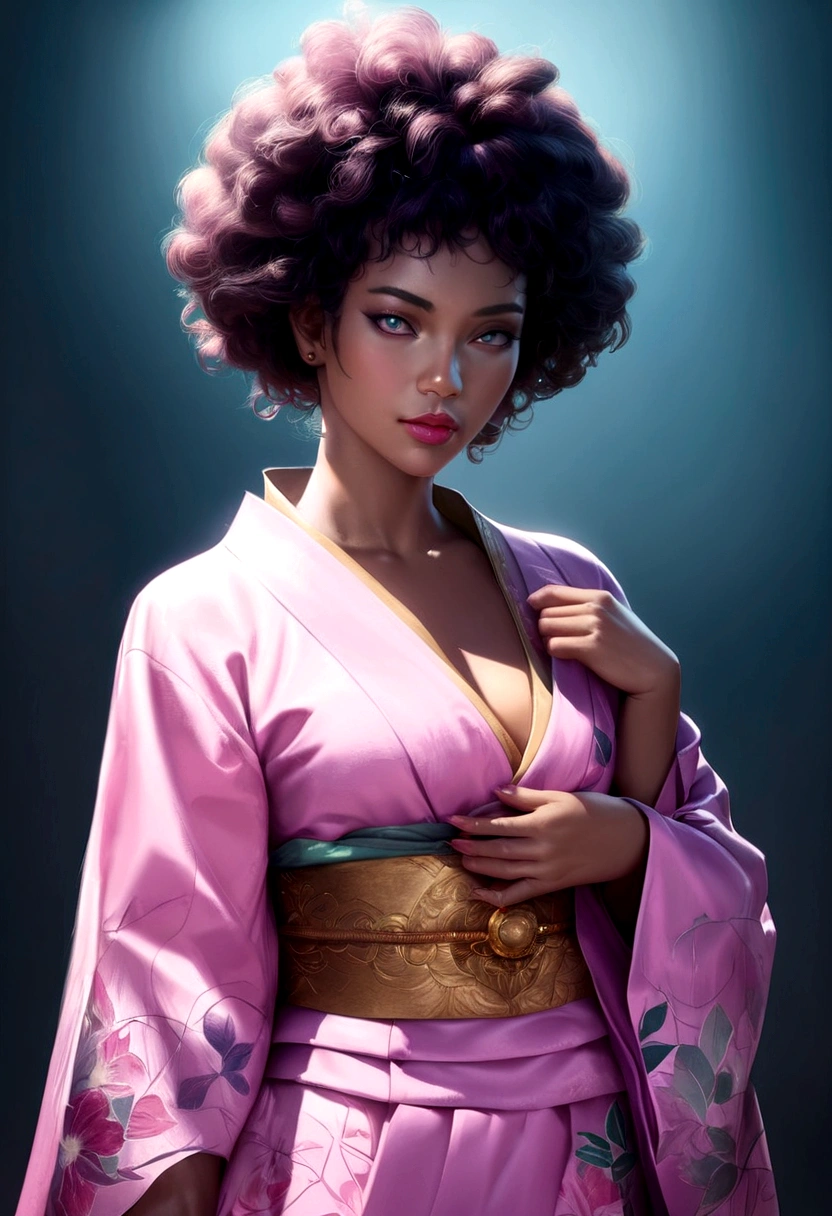 A beautiful black girl skin, afro pink hair, and grey-green eyes, wearing a kimono, with a scar on her neck, (best quality,4k,8k,highres,masterpiece:1.2),ultra-detailed,(realistic,photorealistic,photo-realistic:1.37),detailed face and eyes,long eyelashes,beautiful detailed lips,extremely detailed skin,intricate kimono pattern,dramatic lighting,cinematic composition,vibrant colors,fantasy art style