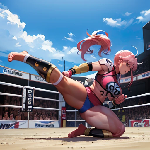 Maam im MMa fight,sport bh, pink bikini,naked,muscular body, female bodybuilder, fight on beach, dominate pose, muscle flexing, barefoot, toes