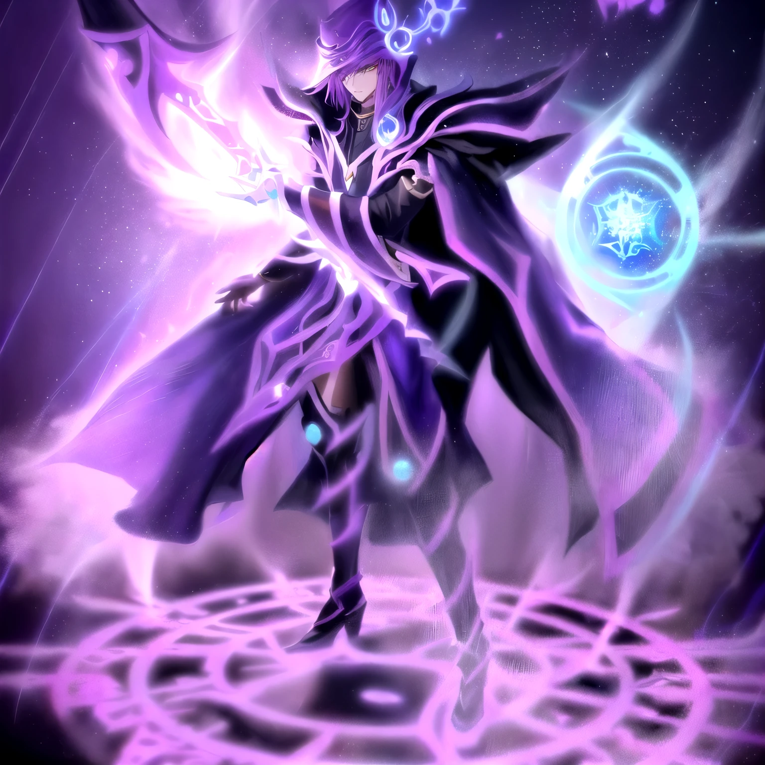 un primer plano de un personaje de dibujos animados con una espada y un fondo morado, inspirado en Yi Inmun, karthus de liga de leyendas, vista completa de la hechicera oscura, inspirado en Huang Shen, inspirado por Yi Insang, inspirado en Yi Jaegwan, Lich Demon Mage Class, yugioh art style, retrato completo de elementalista, un brujo todopoderoso