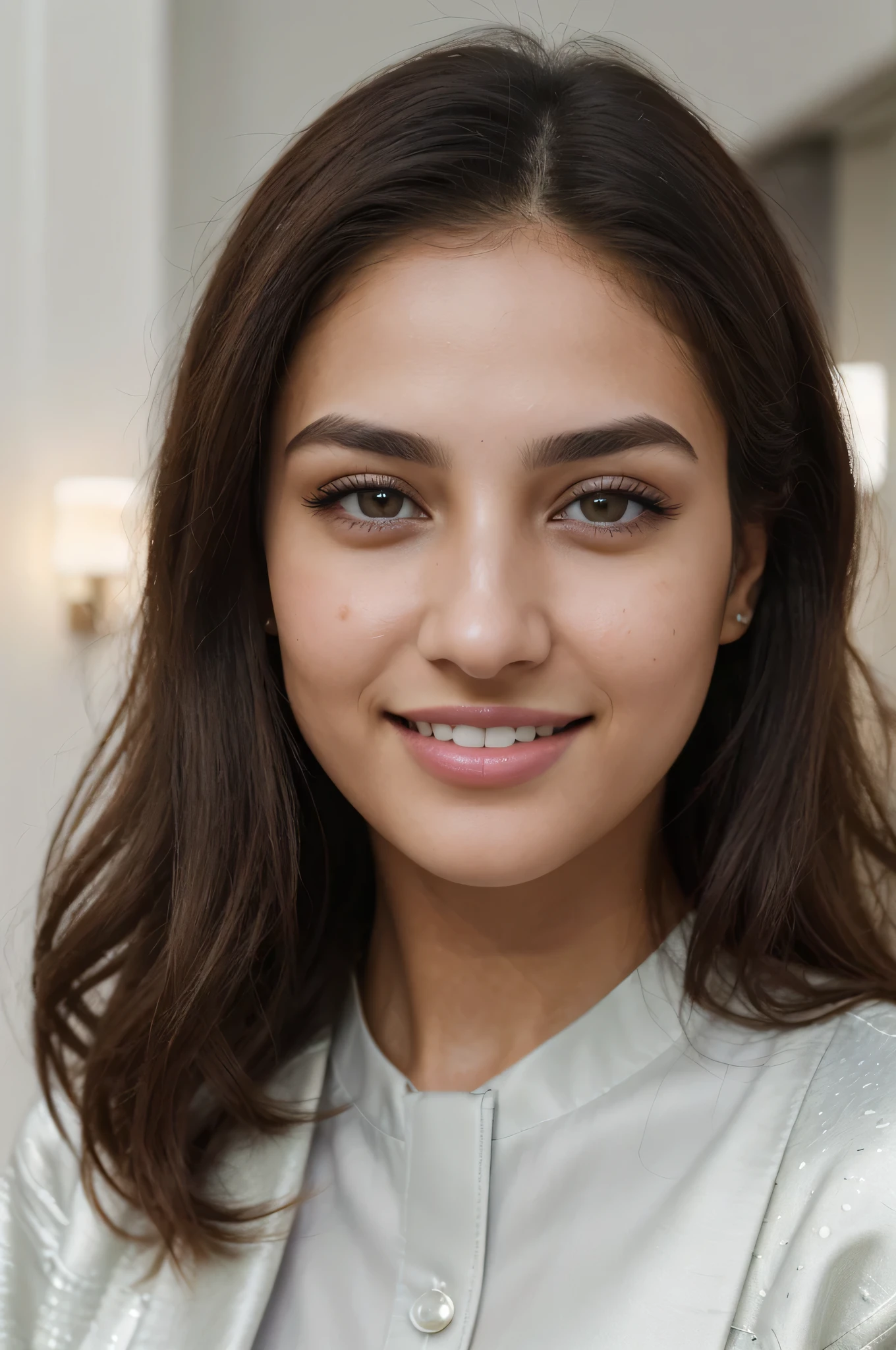 (8k, highest quality, ultra high resolution, photorealistic:1.4, UHD, ultra detailed:1.37, mid-range image),1girl, in a dentist clinic, white teethes, small nose, big eyes, 18yo, black jacket, light brown eyes, small head, acne,bad skin,small nose, acne skin, real, thick hair, super realistic detailed eyes, super realistic detailed teethes, Arab women, modest, attractive smile, white teeth, showcases her unique fashion sense in a trendy setting. The high-resolution image captures ultra-detailed realism, highlighting confident pose, captivating eyes, big eyes, and flawless complexion.