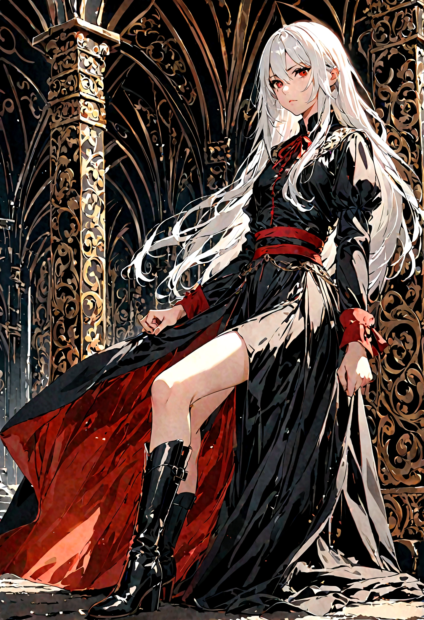 Girl, 20 years old, with long white hair down to below her waist, a serious yet tender expression, and red eyes. Her hair features black streaks. She wears antique-style clothing, a long black dress with a slit on the legs, and high black boots that almost reach her knees. Her power and background are related to shadows and darkness. dark escense, figth stance, detailed