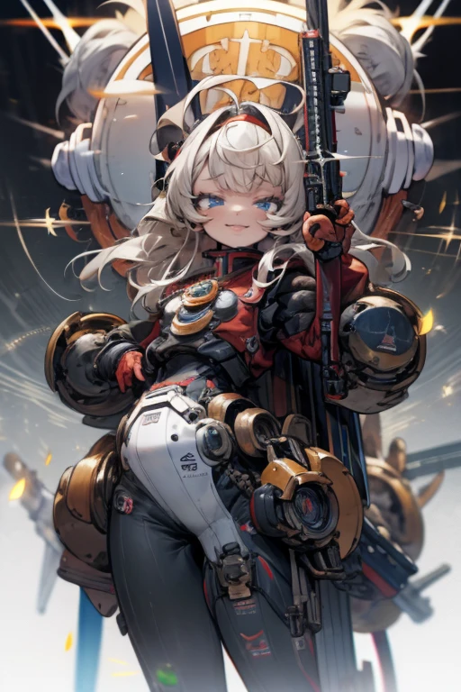 (masterpiece),highest quality,Super detailed,8k,Transistor Grammar,Girl,Silver Hair,Blue Eyes,Expressionless,gigantic breast,Long Hair,Loose curls,Heavy Armor,Missile Pod,Two cannons,Gatling Gun,Vulcan cannon,Gun Blade,Missile Box,Electromagnetic Barrier,Giant arm,booster,Countless cables,Shotgun,Countless machine guns,generator,Over-technology,Super Heavy Armor,Powered Suit,Decisive Weapon,Rail Cannon,One Man Army,Vulcan cannon,Over-spec,cyborg,Integration,Air Combat,Thruster,Diva Suit,,Mechanical Armor,(Heavy equipment:1.5),The chest is open,(Symmetrical:1.6)