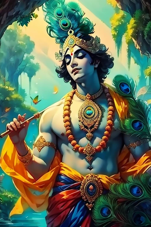 Shri krishna playing fluet,down in water,sinking down,beautiful peacock feather on head,closing eyes