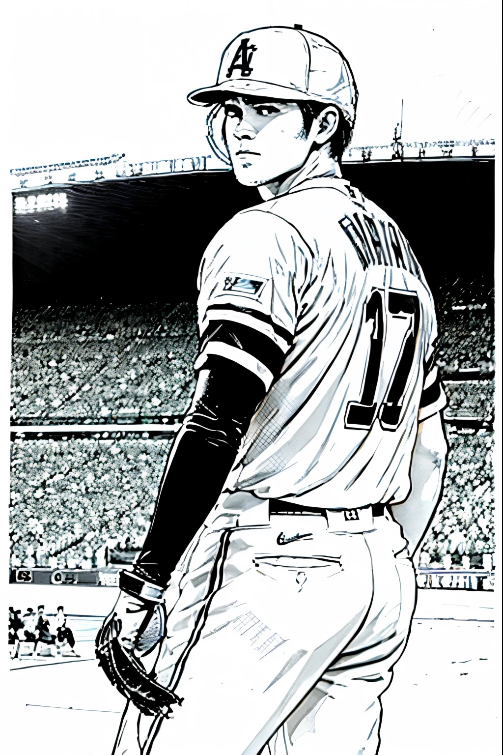 Very beautiful illustration、Shohei Ohtani、MLB、Los Angeles Dodgers Uniforms、Pen drawing、Comic style、American Comics、The jersey number is"17"、At the stadium、lineart, monochrome、ScreentoneVP、Home Run、Hugely popular、Strong body、Men of tall stature、The most famous Japanese athletes