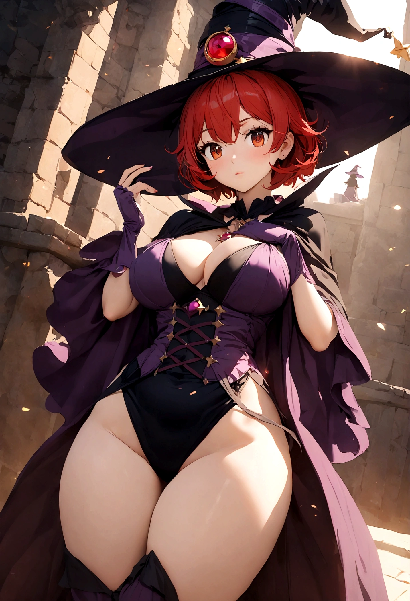 witch, volumptious body, witch clothes, alluring clothes, witch hat, red hair, short hair, 