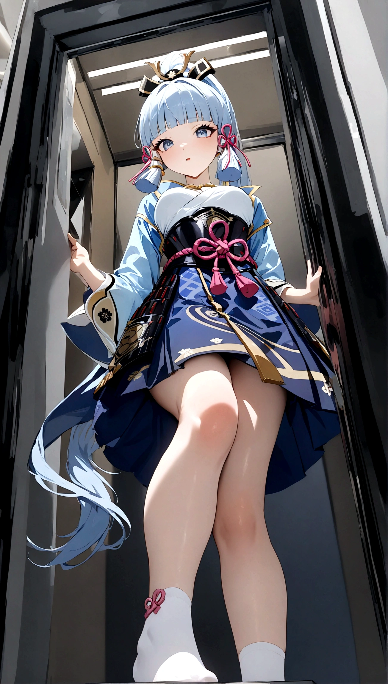 masterpiece, best quality, very aesthetic, absurdres, newest,,Kamisato Ayaka,Kamisato Ayaka(genshin impact), light blue hair, blunt bangs, a small gold ornament, grey eyes, pony tail , medium breasts, blue Japanese clothes, obi, white socks,in a lift, in a elevator,from below