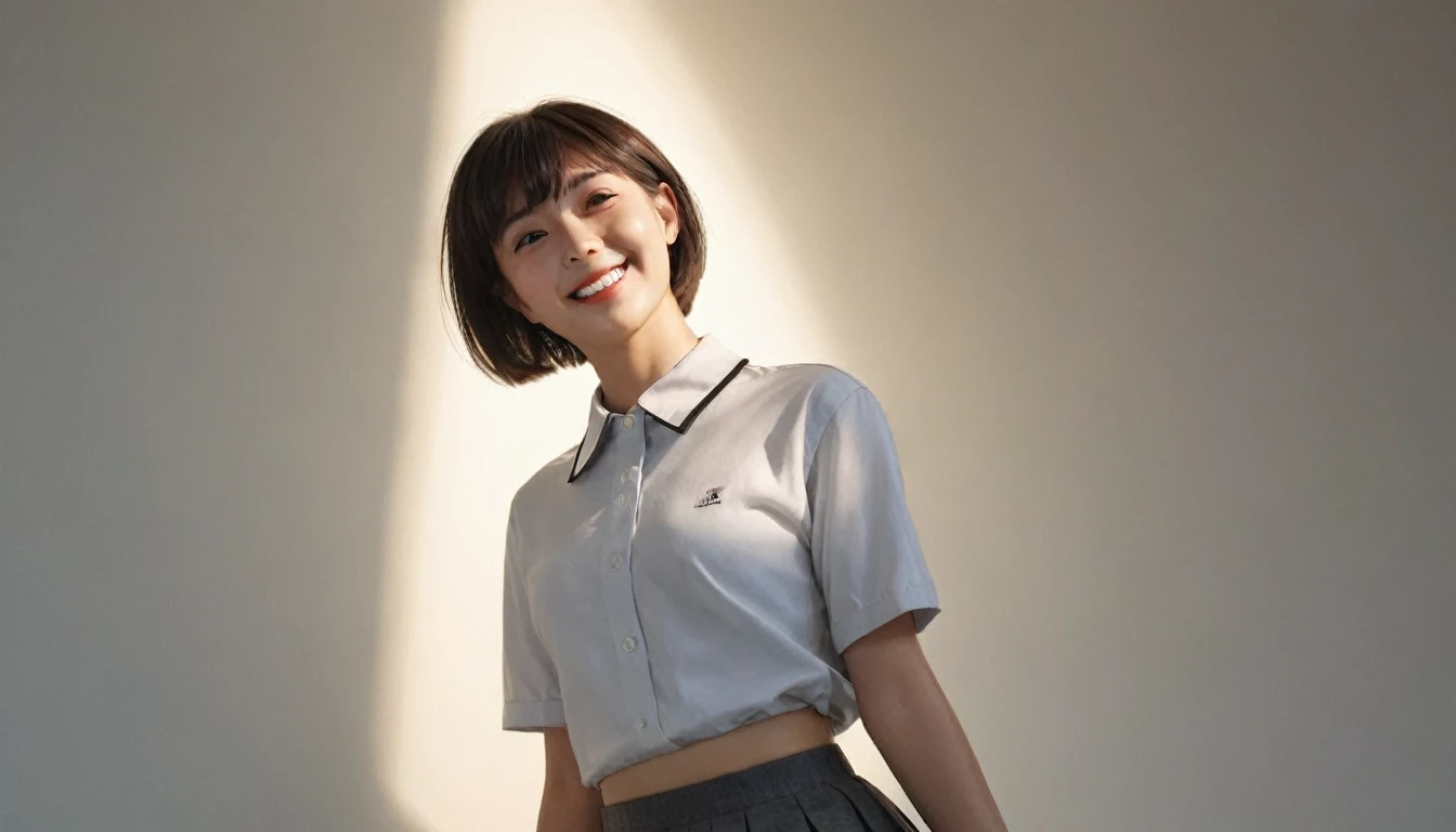best quality, masterpiece, (photorealistic:1.4), 1girl, light smile, shirt with collars, waist up, dramatic lighting, from below, short hair, short skirt