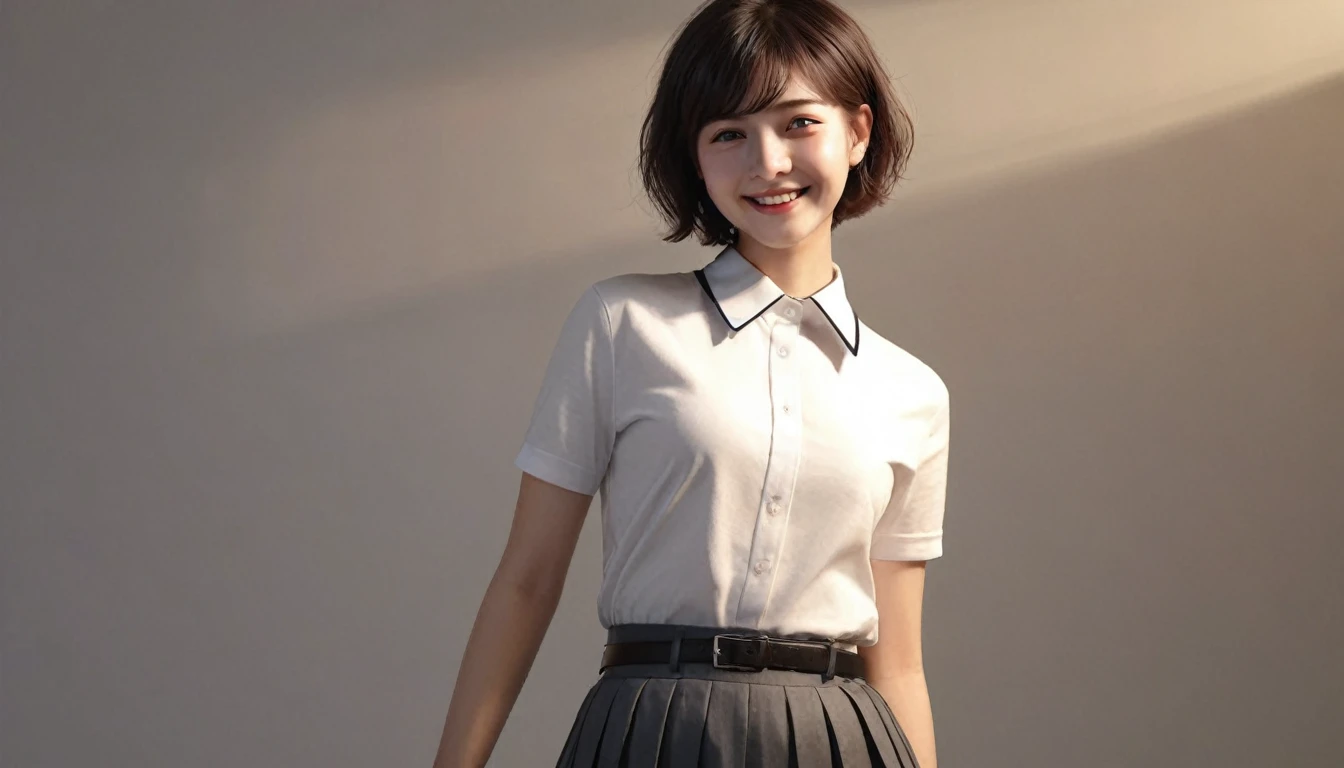 best quality, masterpiece, (photorealistic:1.4), 1girl, light smile, shirt with collars, waist up, dramatic lighting, from below, short hair, short skirt