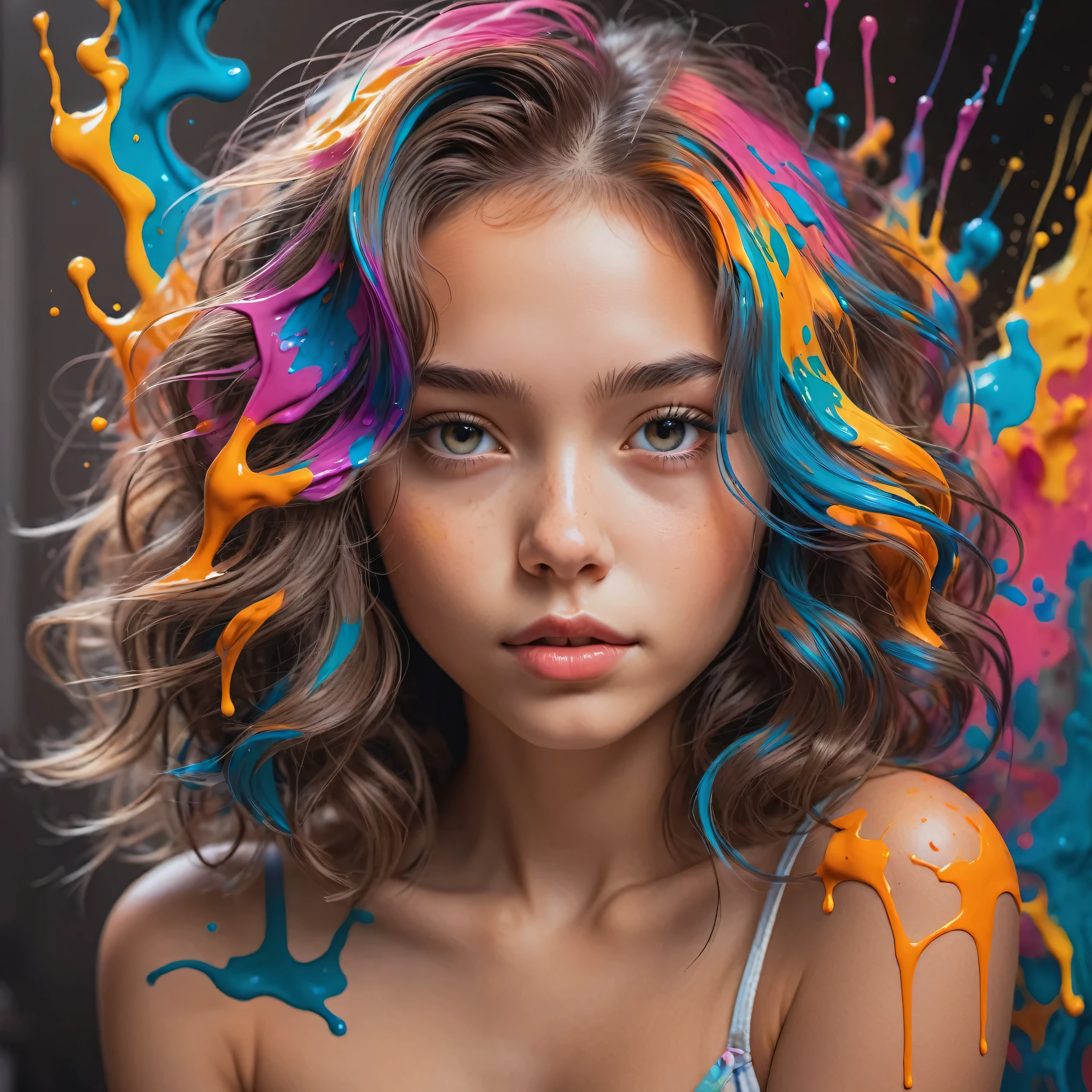 (level difference:1.8),(Paint collides and splatters on the canvas),(written boundary depth),1 girl, 15 years old, Japanese, (Liquid Paint Rainbow Hair:1.1) , (liquid paint rainbow bust:1.1), paint、defy gravity,thick stream,(Paint splatters:1.3),liquid state,amazingly beautiful, masterpiece, detailed background,Super high quality model, amazing background,abstract beauty, (A lot of paint drips, cover most of the naked body.), (A large amount of paint is dripping from the left and right chest.), explosive volumetric, Oil,Heavy Stroke,romantic lighting,Scattered beneath the surface,lens 135mm,f1.8,shine,8K,High resolution, dream-like,ray tracing,HDR,god&#39;light,