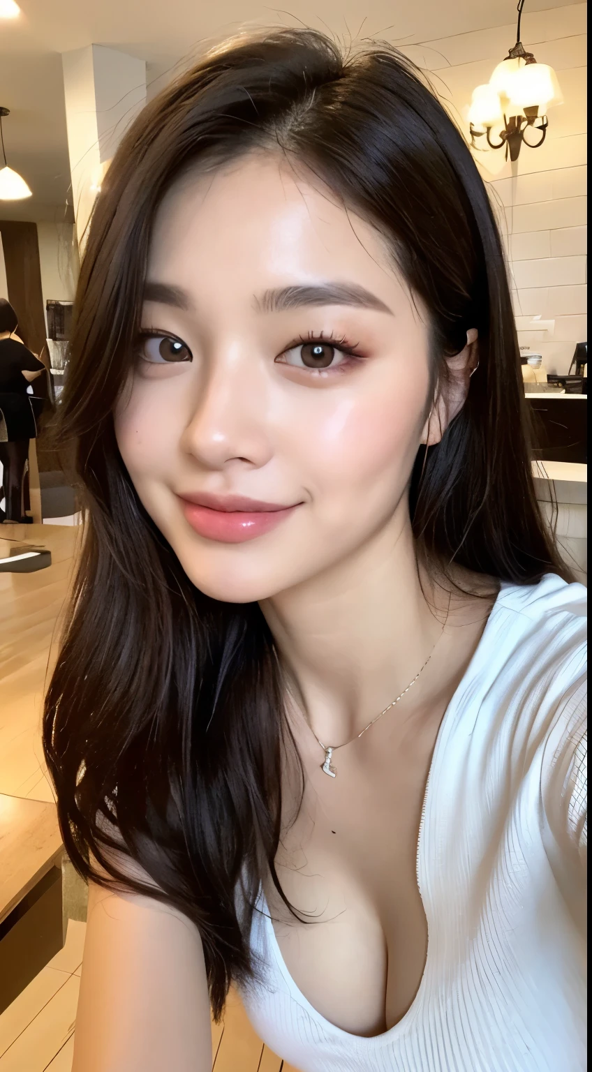 ((highest quality、8k、masterpiece:1.3))、Shot in a café、Gal、Beautiful feet、White T-shirt、Red mini skirt、One Girl、Beautiful Japanese Women:1.3、(Long Hair、 outside:1.2)、 White T-shirt:1.2、Beautiful woman with perfect style:1.4、Perfect Eyes、Calm Eyes、Natural smile、Perfect Iris、Perfect Lips、Perfect Skin、Do not polish、Super detailed face、Delicate eyes、double eyelid、Soft Breasts、Laughter、Exposed cleavage、Put your hair up