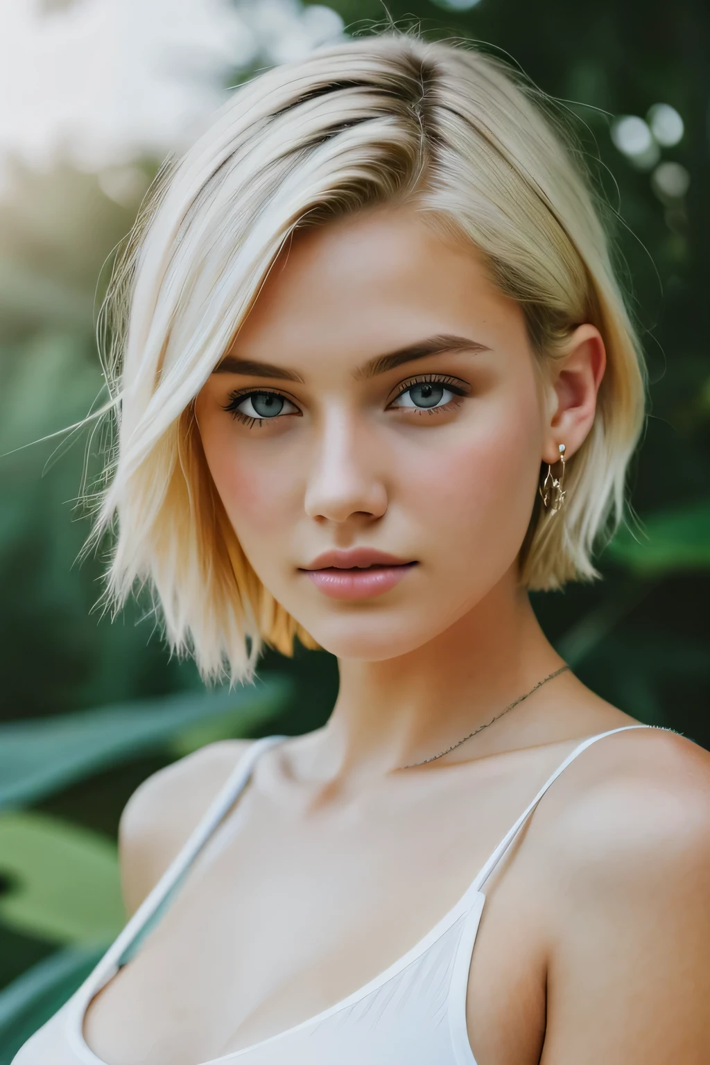 ((AlexiaThompson01R face)). beautiful. perfect, blonde hair, short hair, straight hair, blue eyes. closed look. Vibrant blue eyes, tied hair. hair falling over one eye, emo bangs. perfect skin, white skin. thin nose, thin chin. fitness.