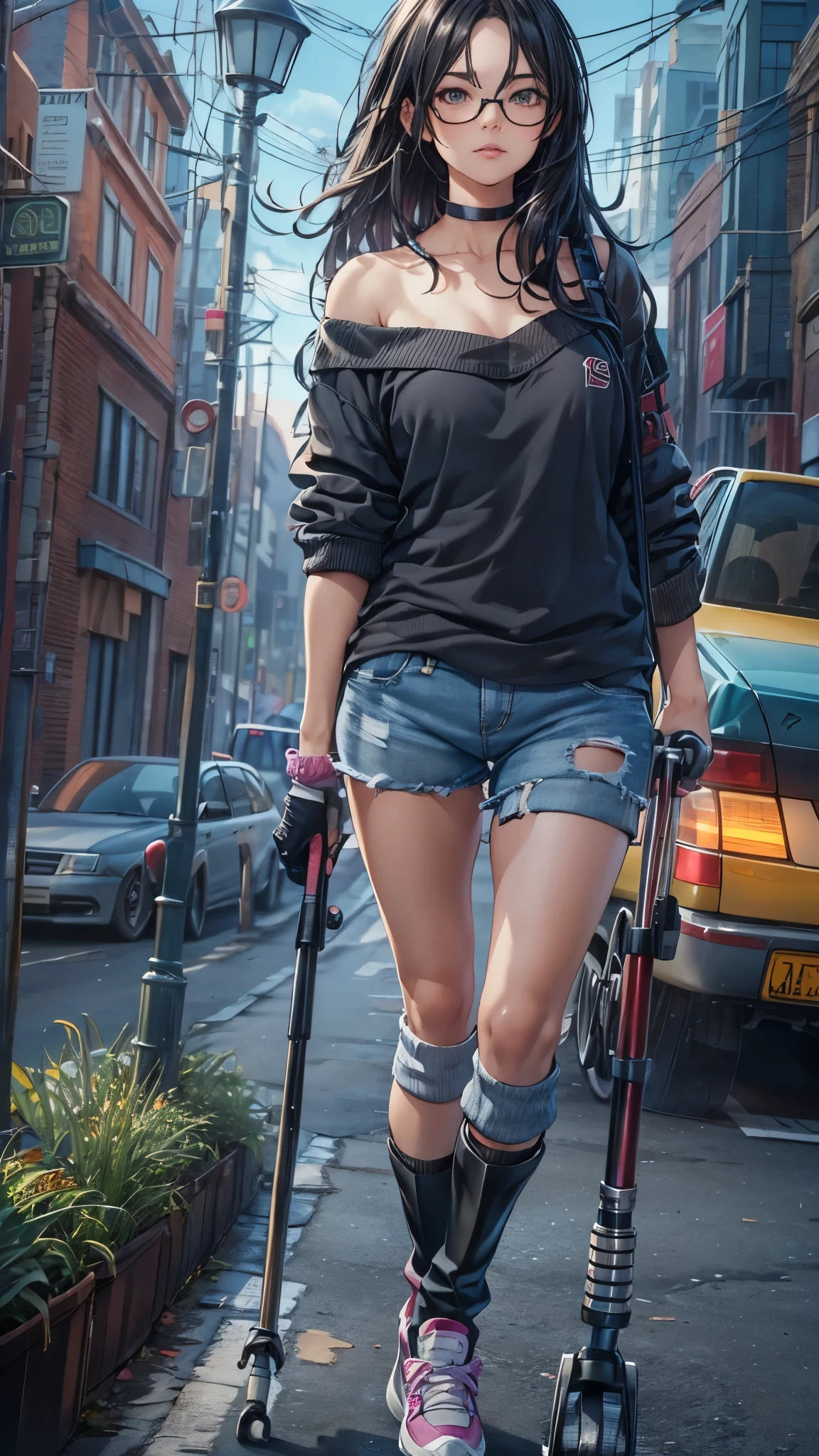 (Super detailed, realistic), streets scene, [Moderately:Oil], [Professional:1.1], [Physically based rendering], [bright colors], [sharp focus], [studio lighting], [extreme details], [highest quality,4k,8K,High resolution,masterpiece:1.2],(detailed face),outside the streets,((One 18-year-old woman)),(short blonde hair mixed blue),(dark), [nervous eyes],(casual ladies fashion,off shoulder,denim shorts,fishnet pantyhose,socks,snikers),((she walks on crutches)),((she’s very inner thigh walking))