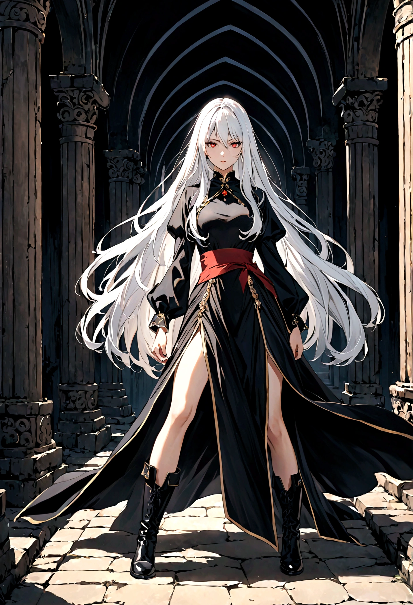 Girl, 20 years old, with long white hair down to below her waist, a serious yet tender expression, and red eyes. Her hair features black streaks. She wears antique-style clothing, a long black dress with a slit on the legs, and high black boots that almost reach her knees. Her power and background are related to shadows and darkness. dark escense, figth stance, detailed