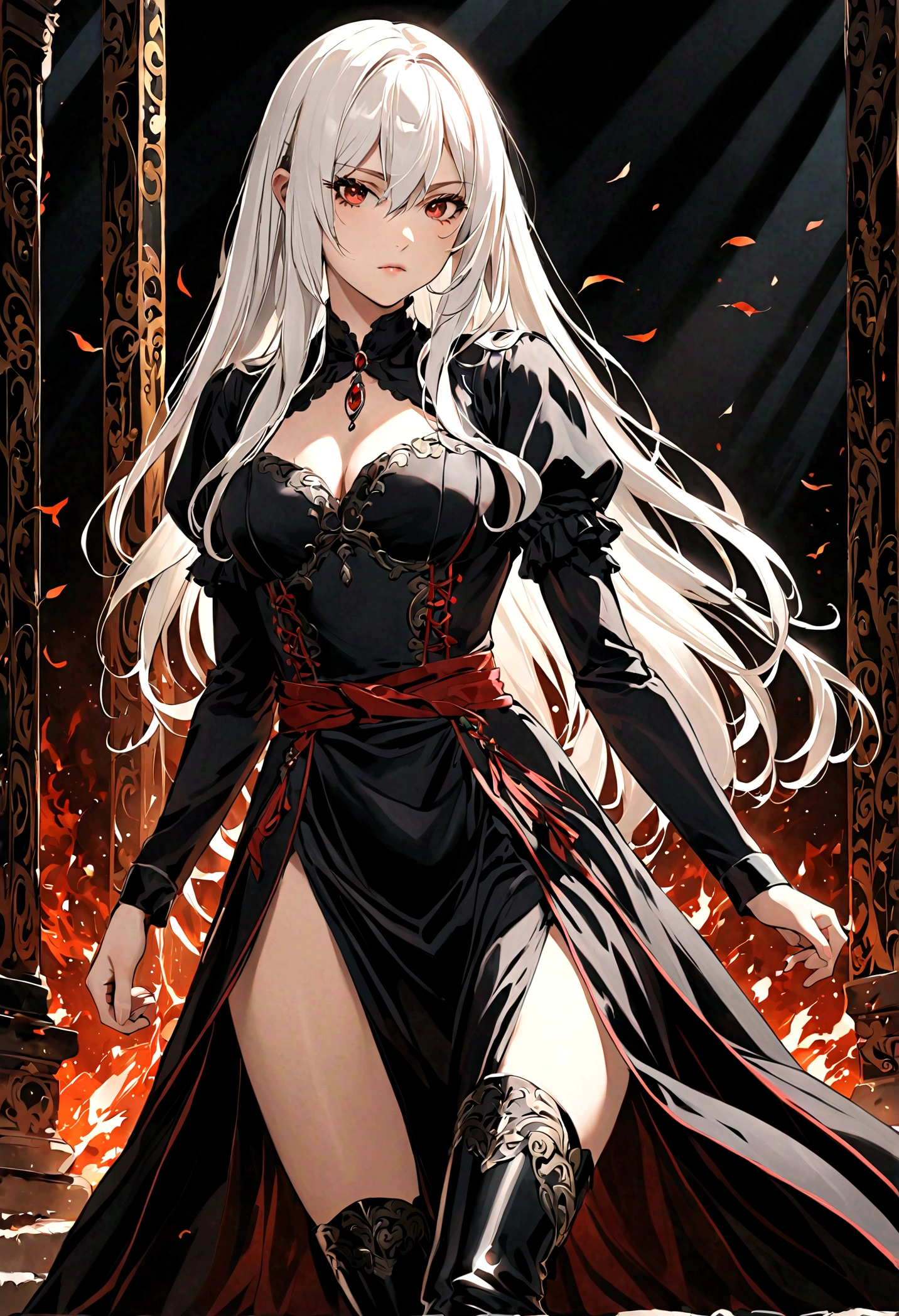 Masterpiece, very detailed, ultra detailed, one, (1 woman), athletic body, six press packs, she is in a ballroom lace red dress with bright gold details, with a fiery sword in her hand and in a standing and fighting position, long hair, bright white hair and wild bangs and tied hair, white demonic horns, beautiful, charming, bright red eyes, elegant, big breasts(huge), neutral face, calm face, charming, against the background of fire, flame and lava.