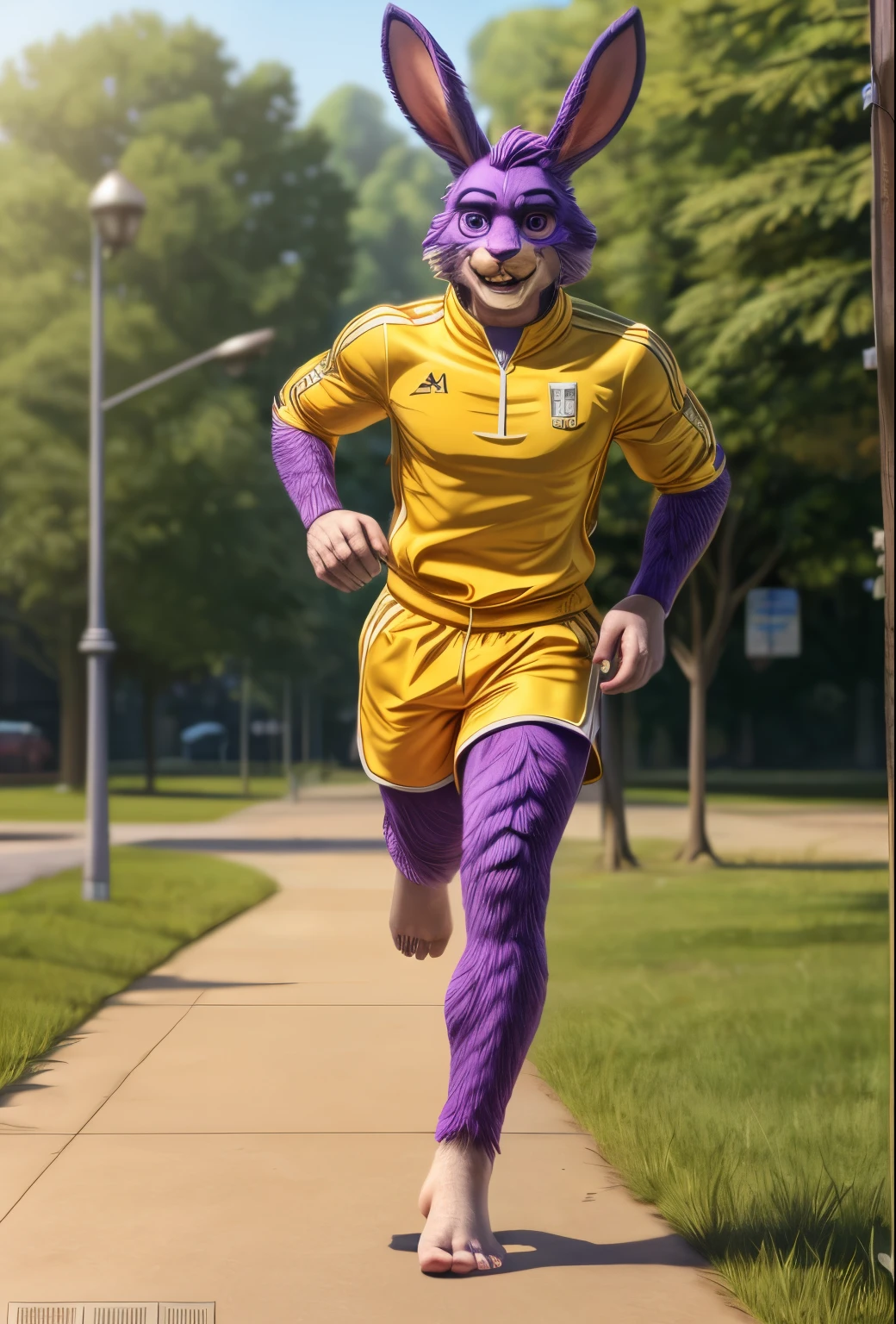 (((Barefoot furry character, full body, cinematic setting, furry male, plantigrade))) 

Cornelius, violet fur, bunny, black/yellow tracksuit, jogging in park

BREAK, intricate details, highly detailed, extreme detail, octane render, fine art, best quality, highres, (detailed face:1.5), ((full_body)), UHD, (((perfect hands))), low light