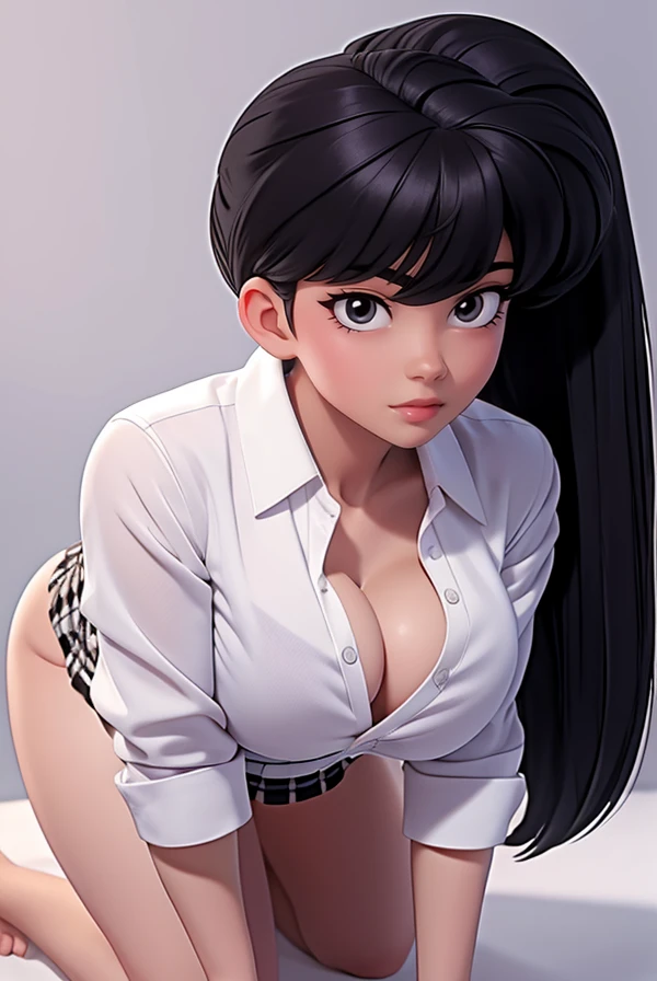 kodachikunou,１By people、Large Breastasterpiece、highest quality、Detailed face、Narrow eyes、High resolution、kkw-ph1、Side Tail、Gaze Here, High ,　White shirt,On all fours,Cleavage,Bare chest,Open clothes、 bra,Checkered mini skirt


