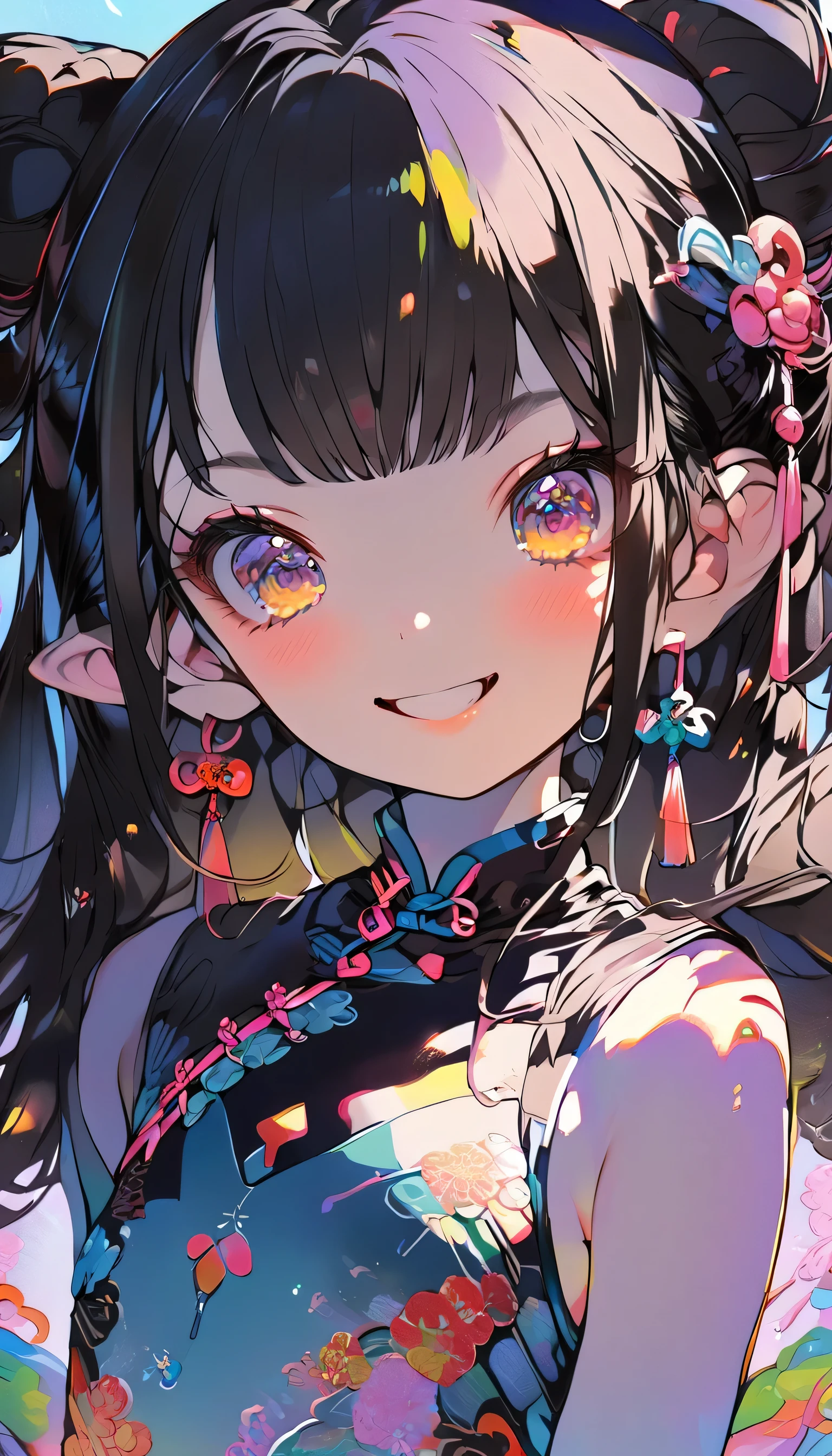 Illumination, 1 girl, kawaii, smile, slender body, (flat chest:1.3), sparkling, Chinese dress, vivid color, upper body, extremely detailed, huge filesize, the best quality,