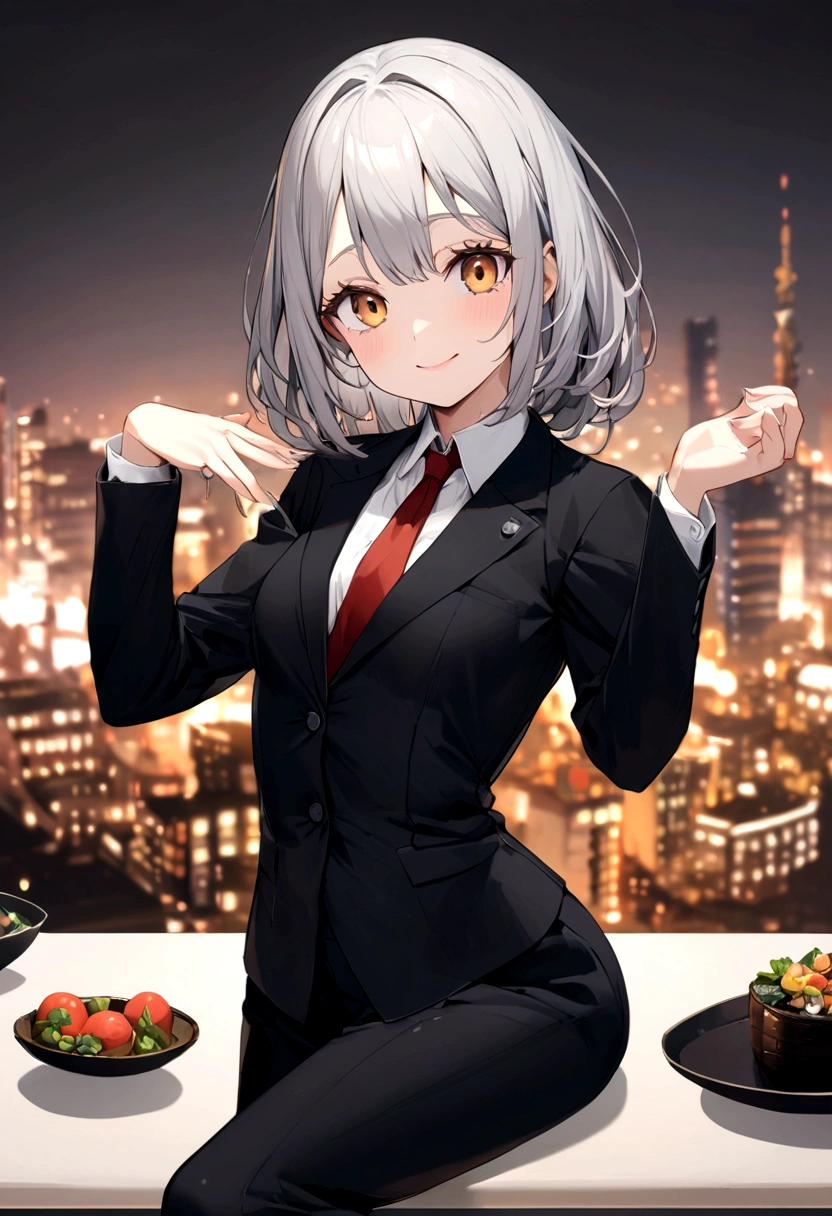 Tabletop, highest quality, shape, Very detailed, finely, High resolution, 8k wallpaper, 完璧なダイナミックな構shape, finelyて美しい目, Medium Hair, Small breasts, Natural color lip, Random sexy poses,smile,20-year-old girl、Beautiful and dense face、Perfect and beautiful face,Big eyes、Blurred big city background、suit