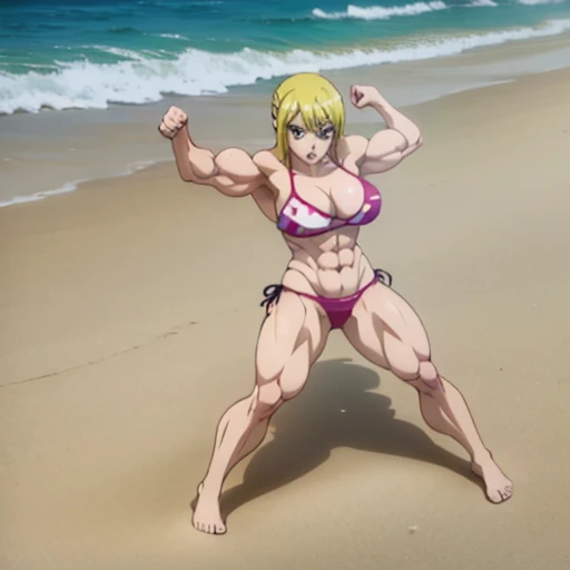 Lucy im MMa fight, bikini,naked,muscular body, female bodybuilder, fight on beach, dominate pose, muscle flexing, barefoot, toes