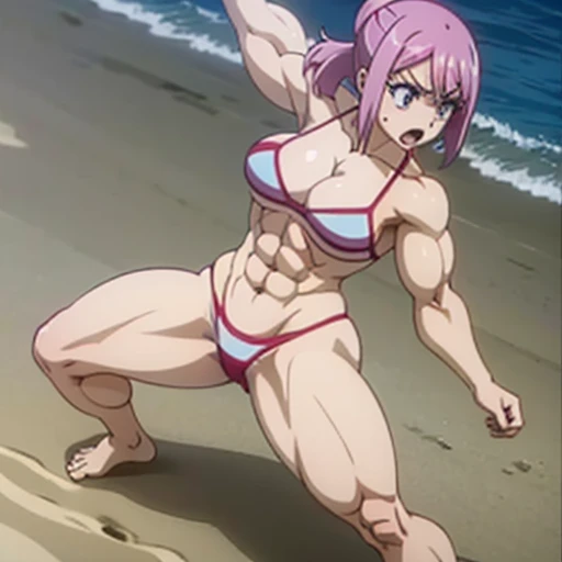 Lucy im MMa fight, bikini,naked,muscular body, female bodybuilder, fight on beach, dominate pose, muscle flexing, barefoot, toes