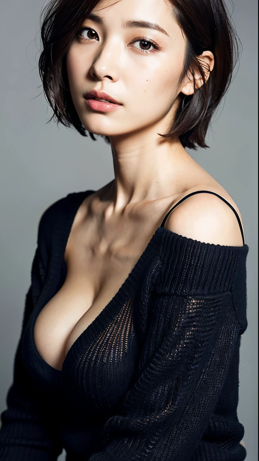 （highest quality，8k，32k，masterpiece，Hyper HD：1.2），Beautiful Japanese women in photos，Big cleavage，Very short bob hair，Full Body Lesbian，Simple Background，From the above，View your viewers，Raised to be sexy，One-shoulder sweater，