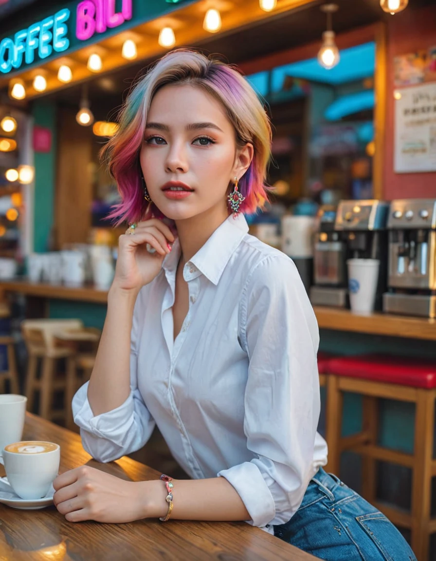 (masterpiece, top quality, best quality, official art, Beautiful and beautiful:1.2), (1 girl:1.3),Very detailed,(rich and colorful:1.1), (randomly poses), (Coffee shop background:1.3), White shirt, short denim, (shiny skin), (Many colors:1.4), ,(earrings:1.4),Bright hair color, seductive eyes , beautiful accessories