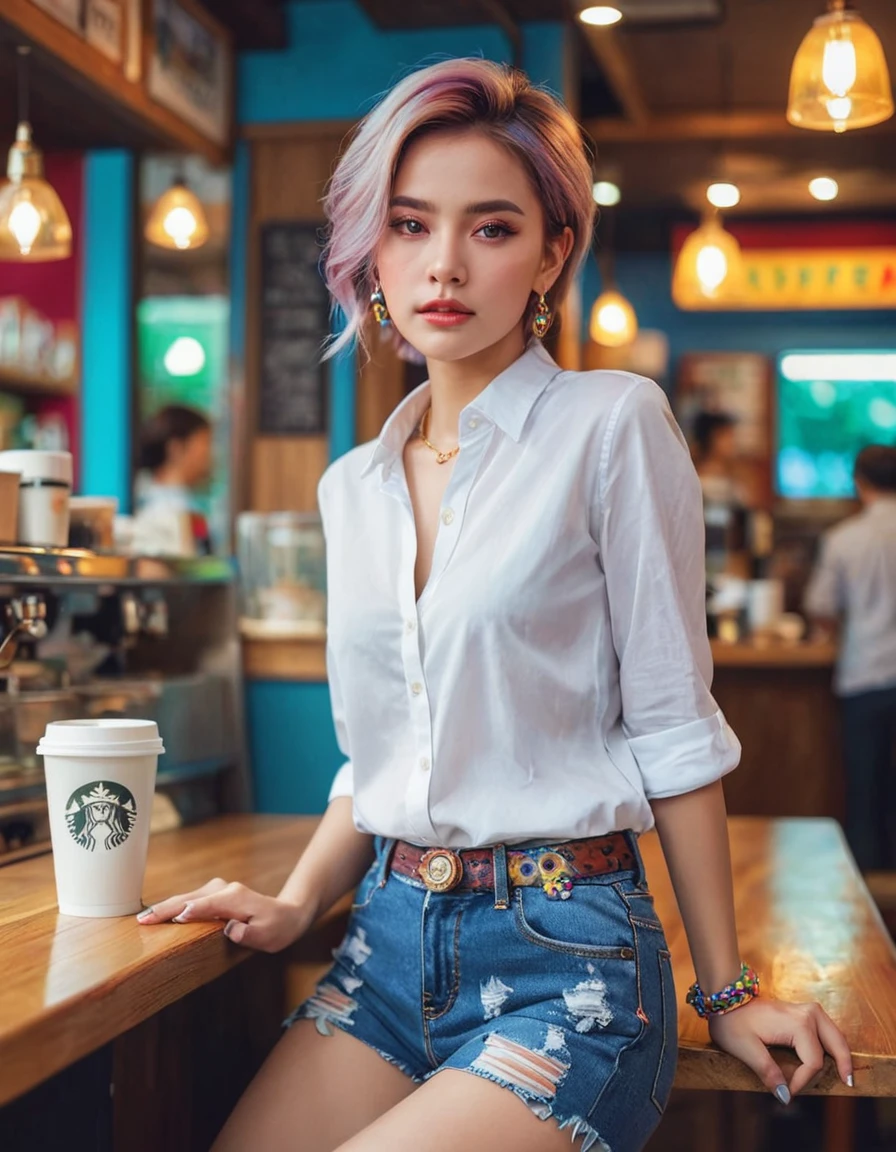 (masterpiece, top quality, best quality, official art, Beautiful and beautiful:1.2), (1 girl:1.3),Very detailed,(rich and colorful:1.1), (randomly poses), (Coffee shop background:1.3), White shirt, short denim, (shiny skin), (Many colors:1.4), ,(earrings:1.4),Bright hair color, seductive eyes , beautiful accessories